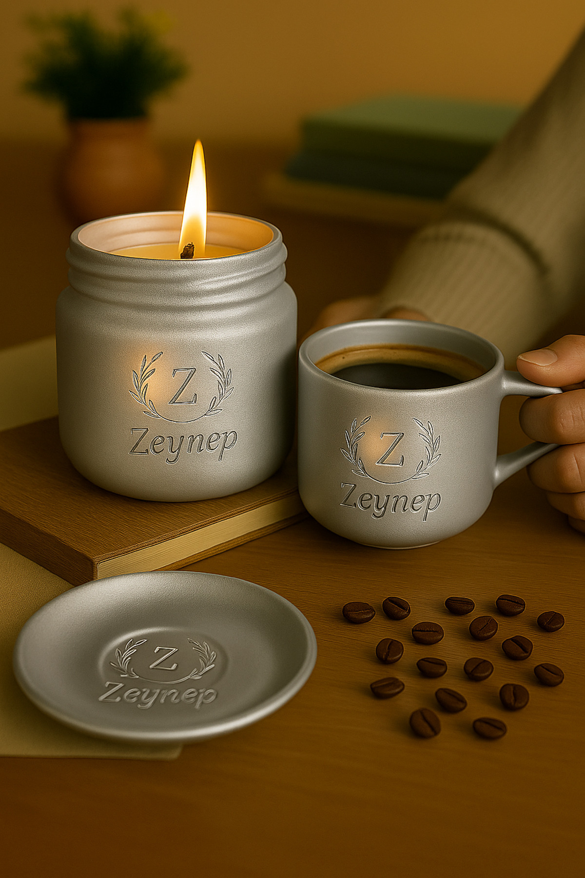 Bymiel Kişiye Özel İsimli Kokulu Mum & Türk Kahvesi Fincan Seti