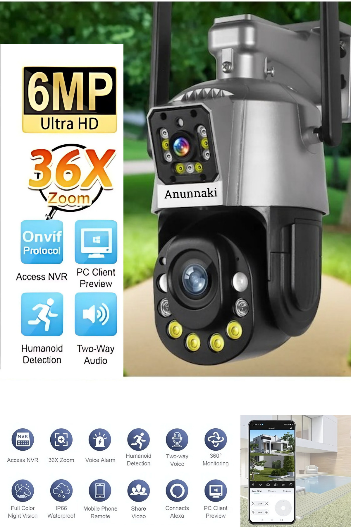 Epilons 4K Wifi Güvenlik Kamerası – 36X Optik Zoom, Çift Lens, Gece Görüşlü, Alarmlı, Motorize Odaklama fotoğrafı 3 (önizleme)