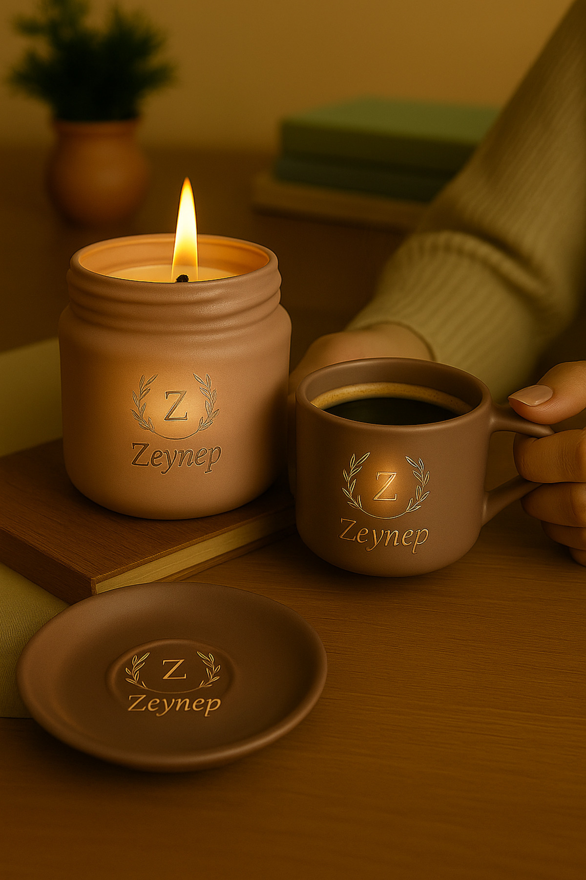 Bymiel Kişiye Özel İsimli Kokulu Mum & Türk Kahvesi Fincan Seti