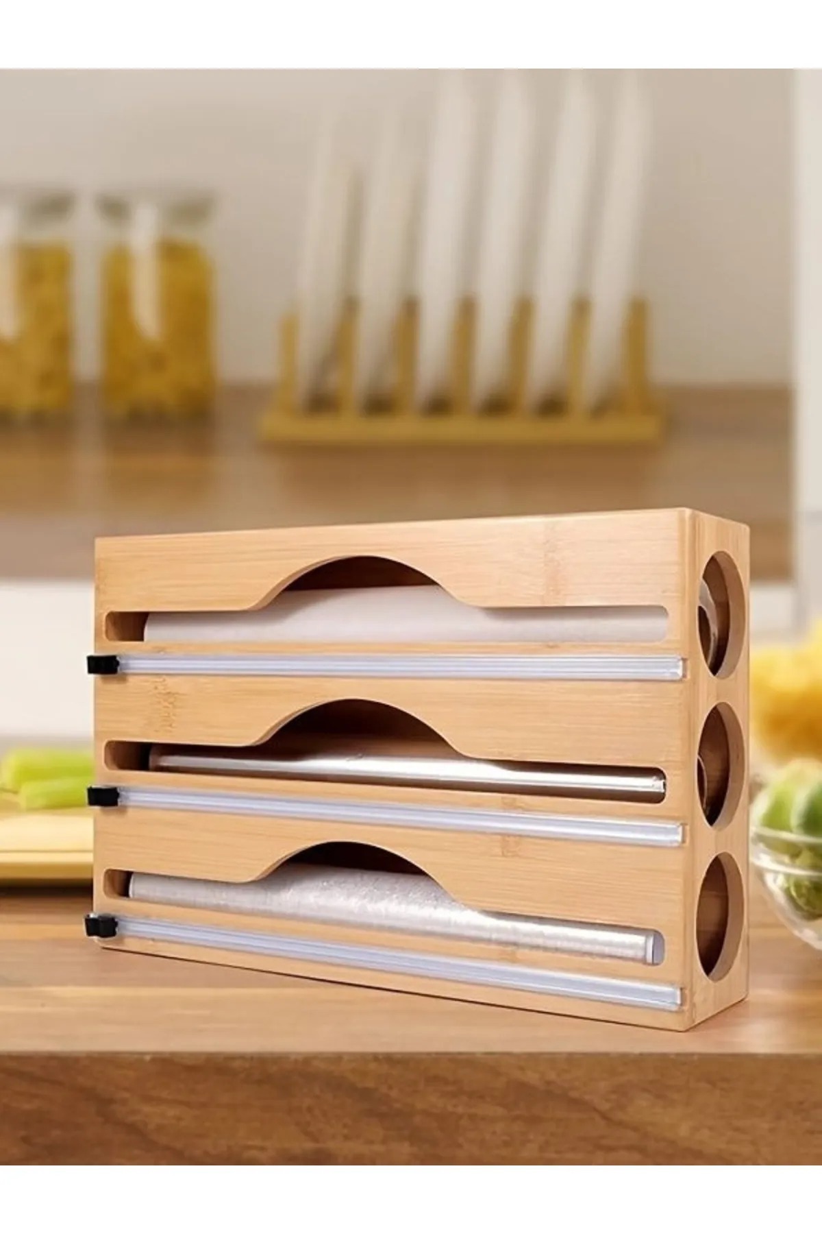 Golden Era 3 Bölmeli Bambu Streç Film ve Folyo Kesici – Pratik, Dayanıklı ve Şık Mutfak Düzenleyici