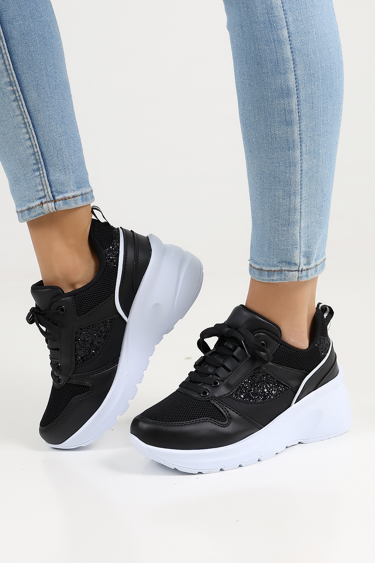 Women's Black and White Sole Sequin Detailed Sneaker | Casual Stylish and Comfortable High Sole Sports Shoes