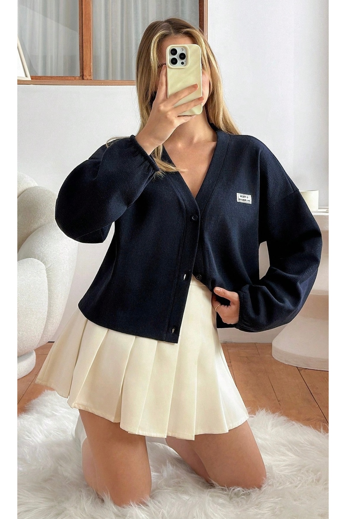 Mood Lab  Lacivert Waffle Dokulu Slogan Peç Detaylı Düğmeli Uzun Kol Hırka - Görsel 4