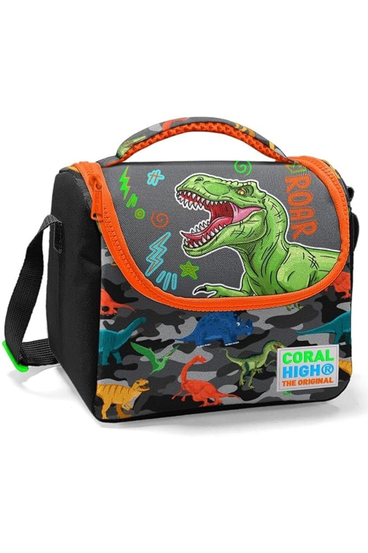 SoyluhanStore High Siyah Turuncu Yeşil Dinazor Baskılı Erkek Çocuk Beslenme Çantası