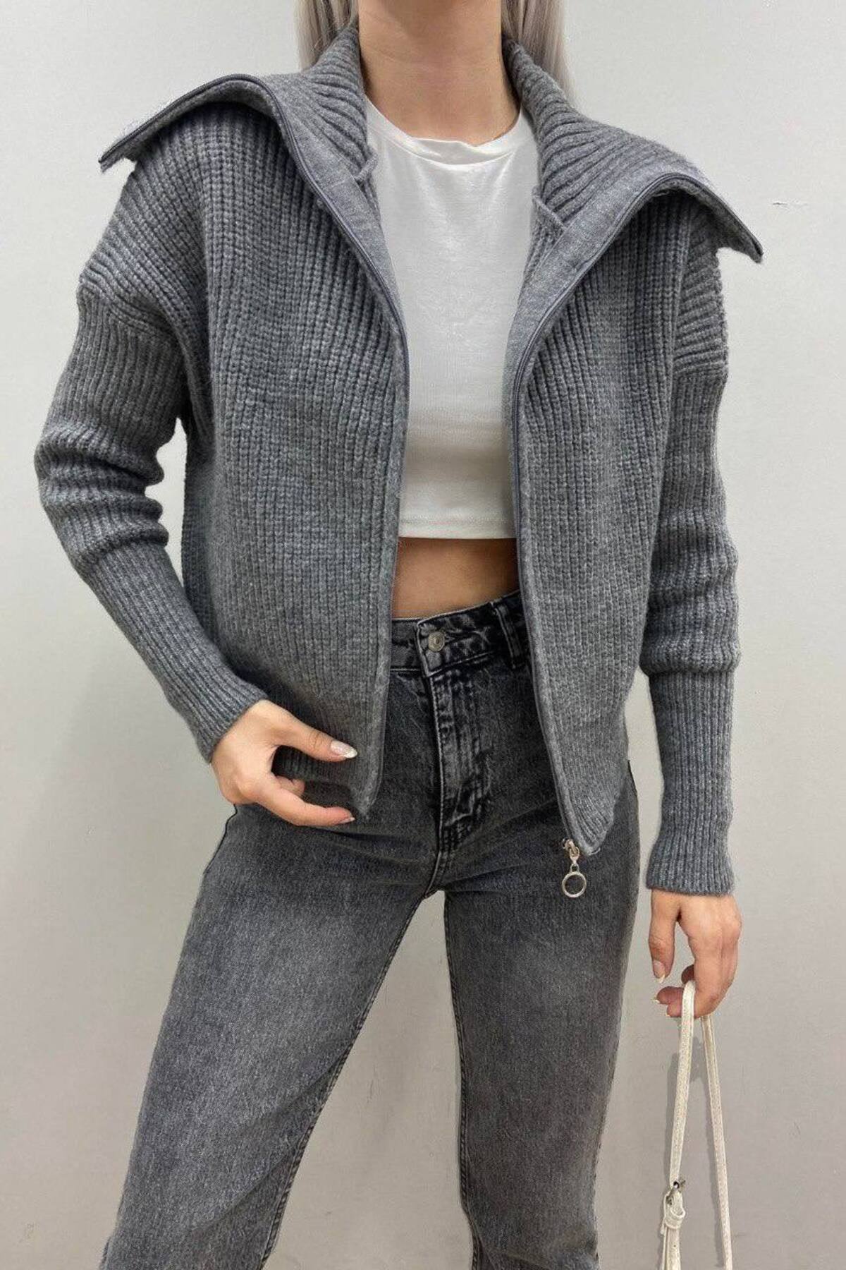 Nopen Knitwear Kadın Antrasit Fermuarlı Devrik Yaka Triko Hırka