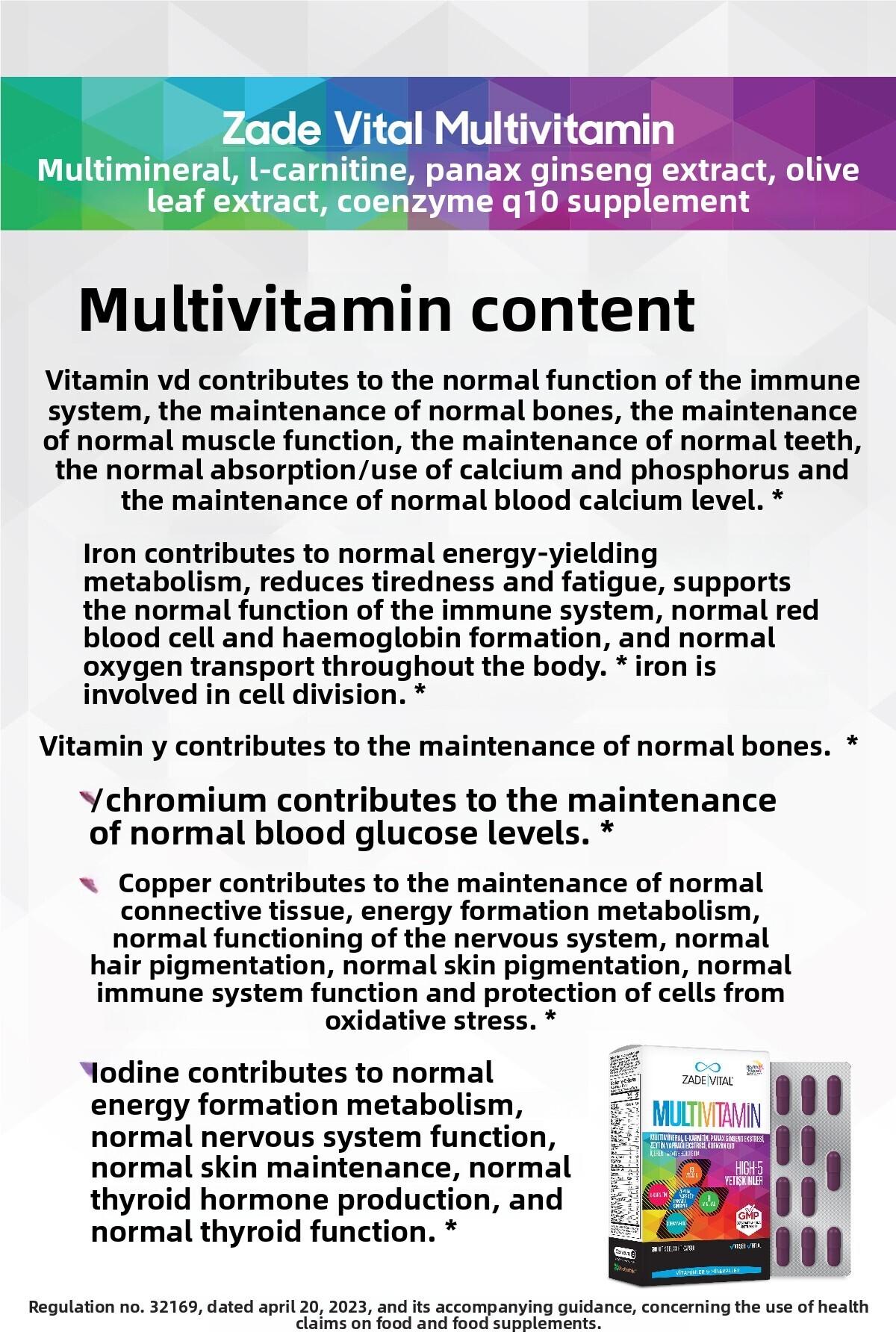Zade Vital Multivitamin Multimineral (1 Box of 30 Capsules) Contains  Coenzyme Q10, L-carnitine, Panax Ginseng- Trendyol