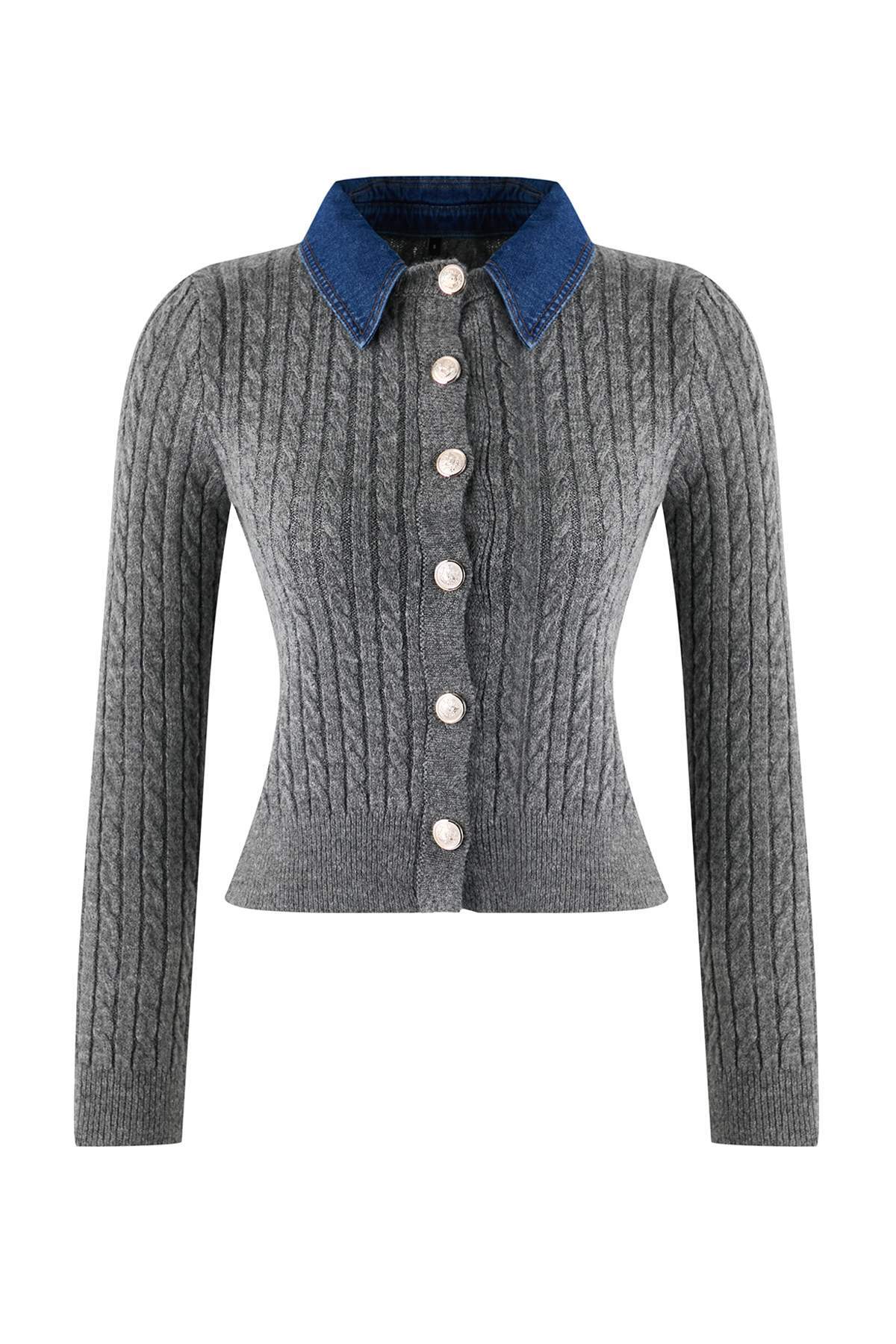 Trendyolmilla  Antrasit Denim Garnili Saç Örgü Triko Hırka TWOAW26HI00286 - Görsel 5