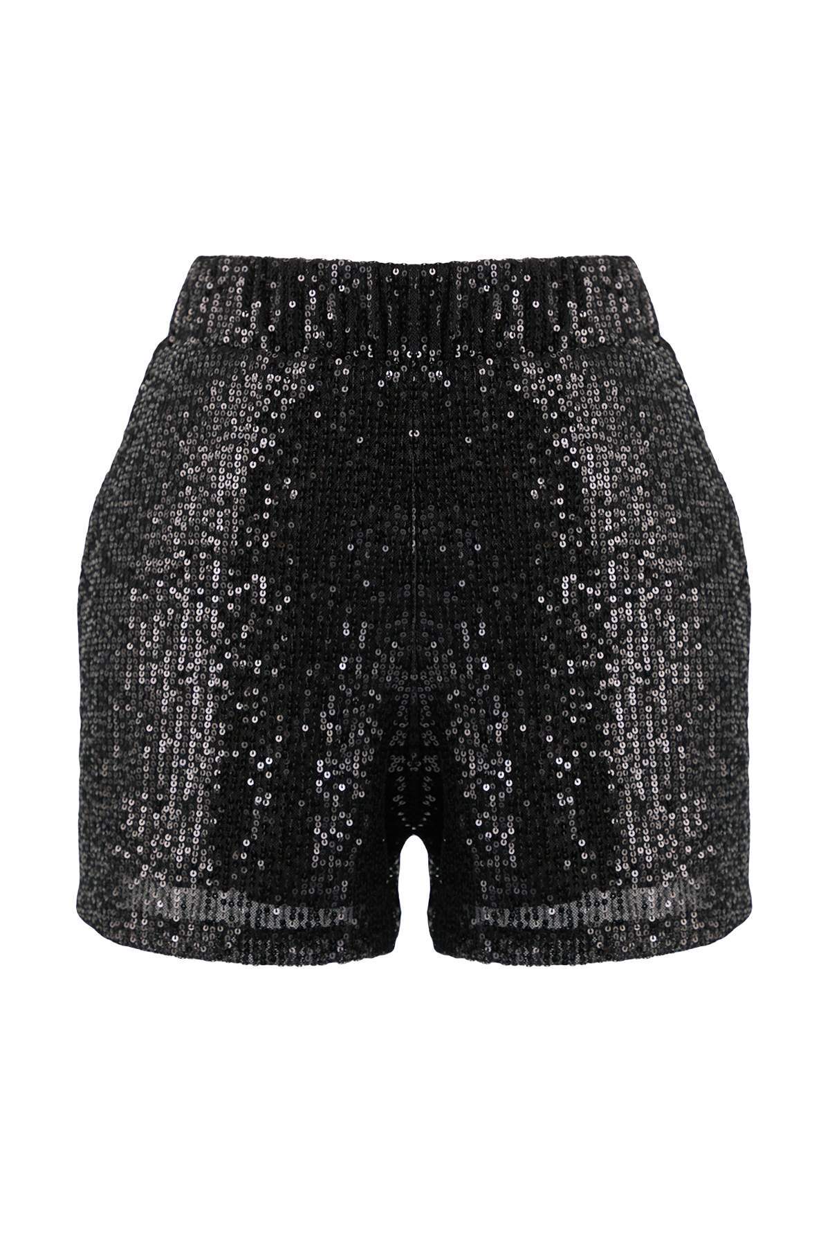 Trendyolmilla  Siyah Dökümlü Beli Lastikli Payet Şort TPRAW26SR00003 - Görsel 8