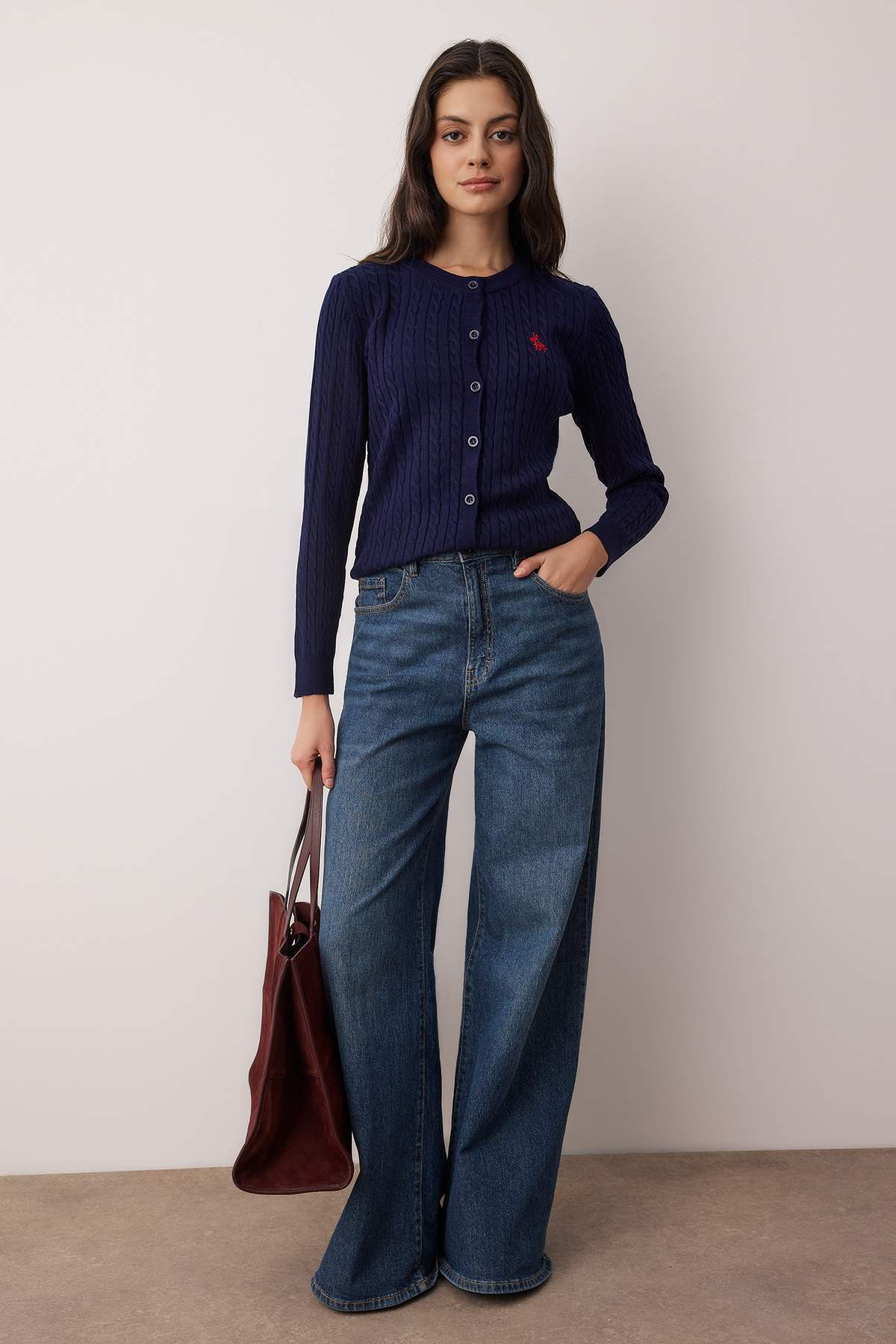 Trendyolmilla  Lacivert At Nakışlı Saç Örgü İnce Triko Hırka TWOAW26HI00289 - Görsel 2