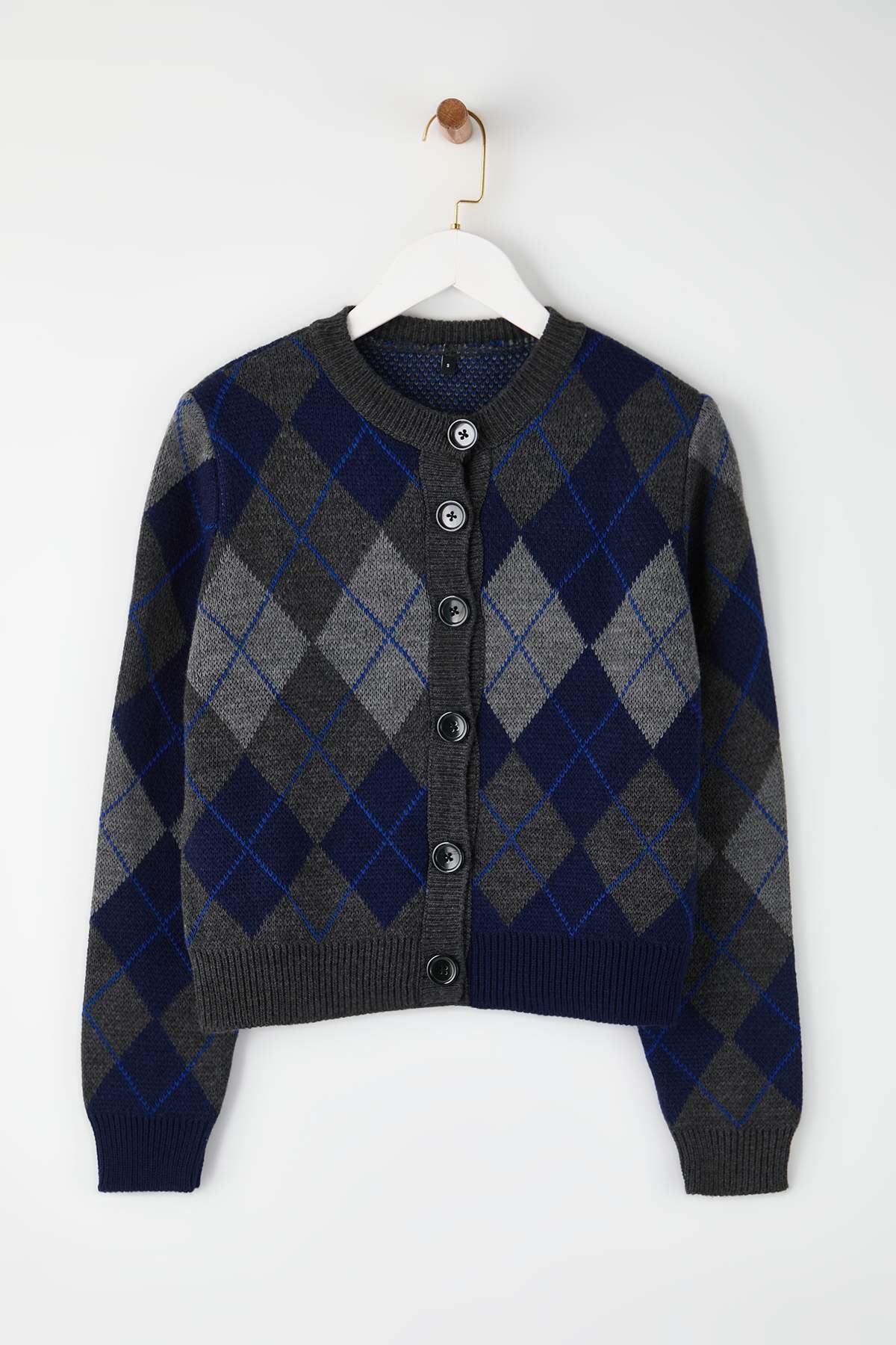 Trendyolmilla  Lacivert Bisiklet Yaka Baklava/Ekose Desenli Triko Hırka TWOAW26HI00234 - Görsel 5