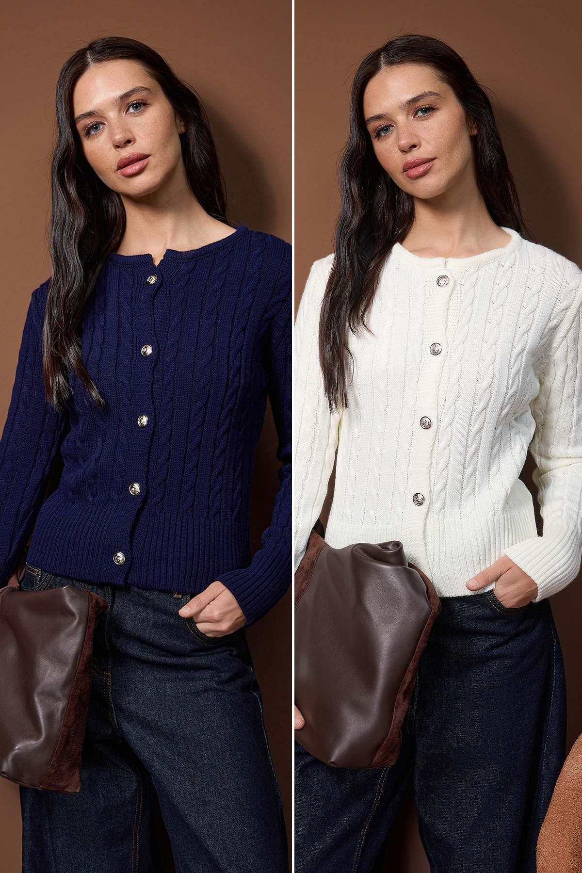 Trendyolmilla  Lacivert-Ekru 2'li Fitted/Vücuda Oturan İkili Paket Triko Hırka TWOAW26HI00218