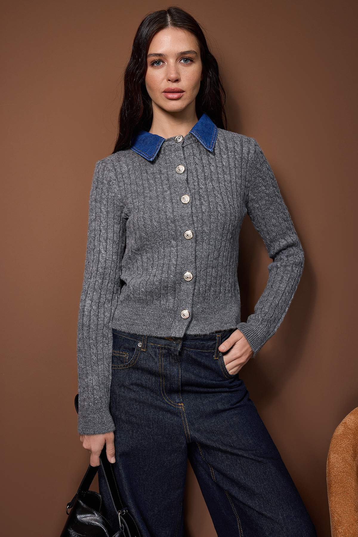 Trendyolmilla  Antrasit Denim Garnili Saç Örgü Triko Hırka TWOAW26HI00286