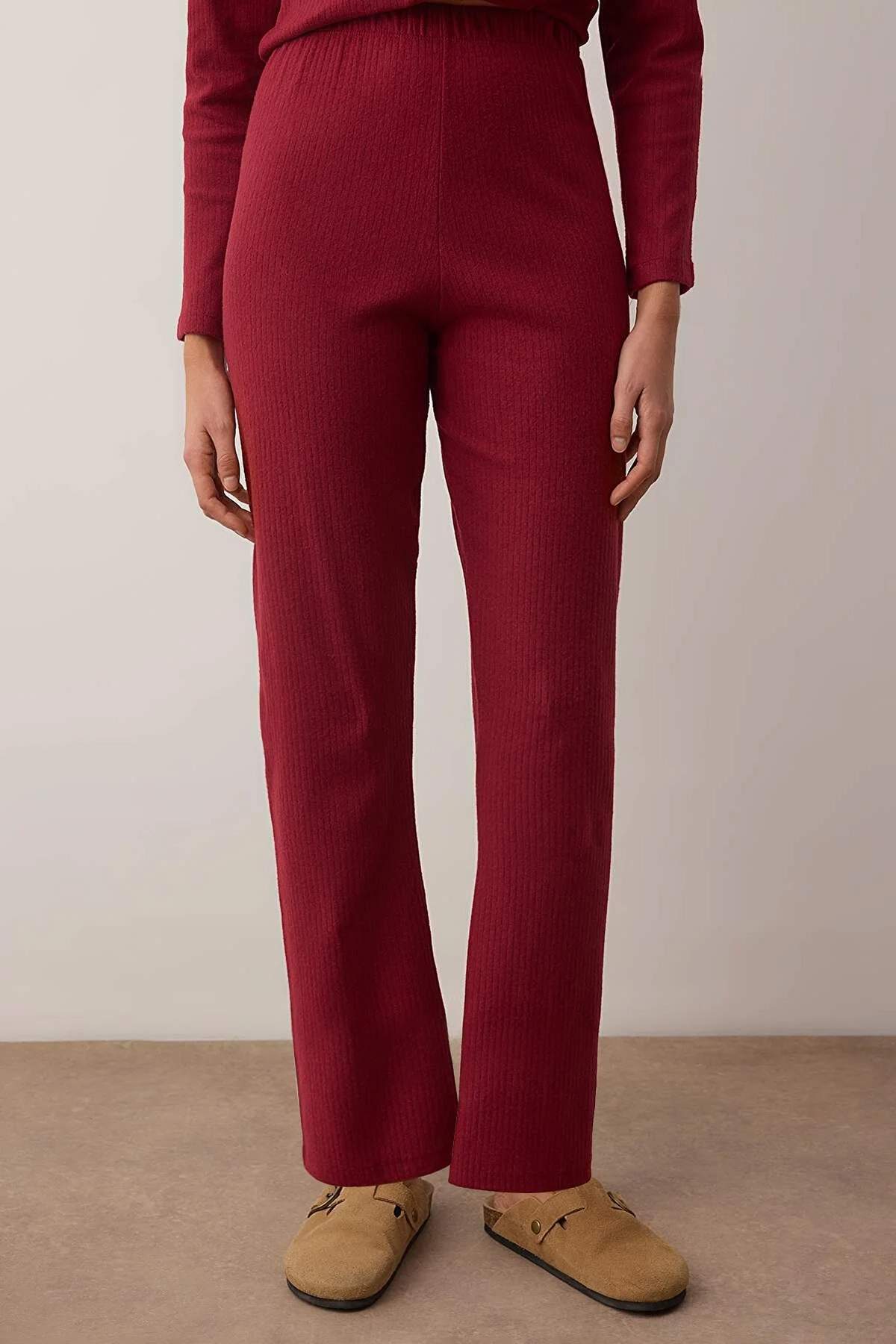 Trendyolmilla  Bordo Pamuklu Hırka Fırçalı Yumuşak Tuşe Kışlık Fitilli Örme Pijama Takımı THMAW26PT00216 - Görsel 3