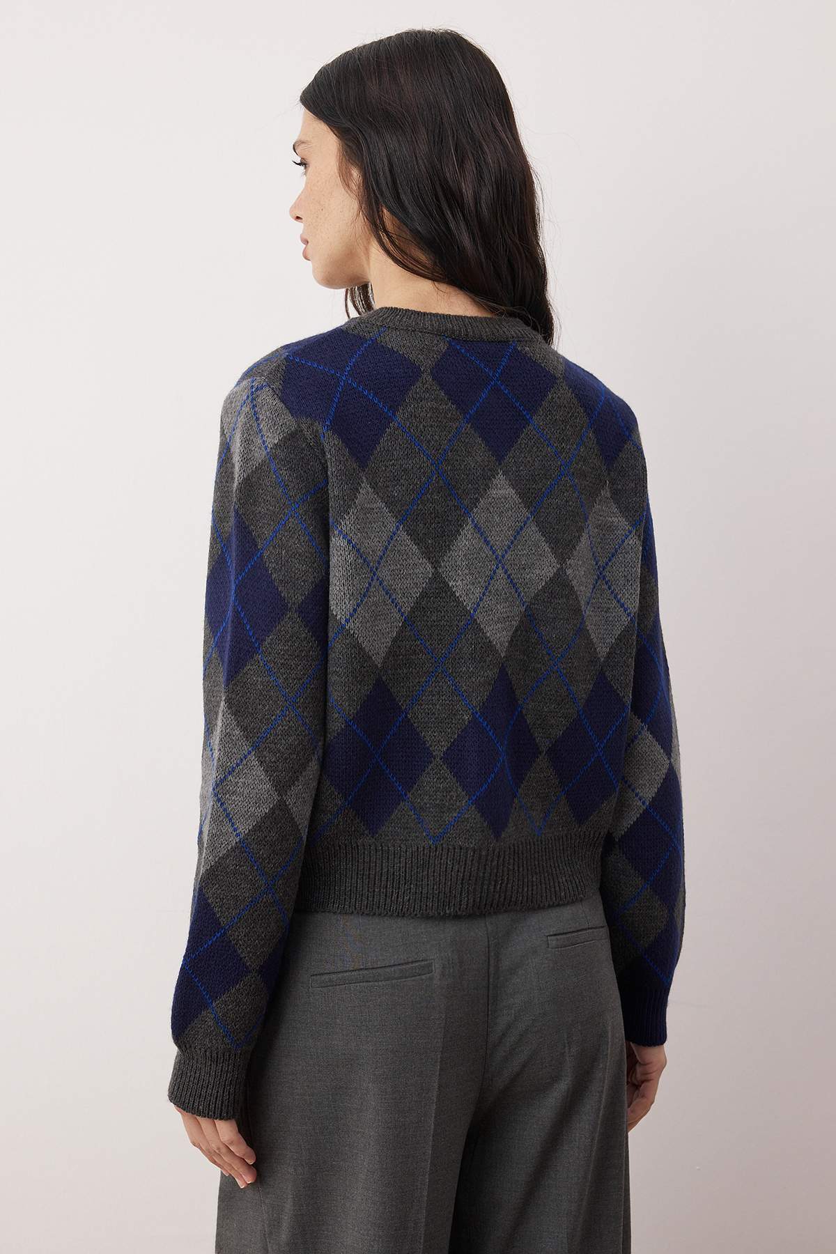 Trendyolmilla  Lacivert Bisiklet Yaka Baklava/Ekose Desenli Triko Hırka TWOAW26HI00234 - Görsel 4