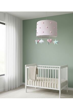 atölye ay ışığı Pembe Ponponlu Mint Yıldızlı Bebek Çocuk Odası Avize