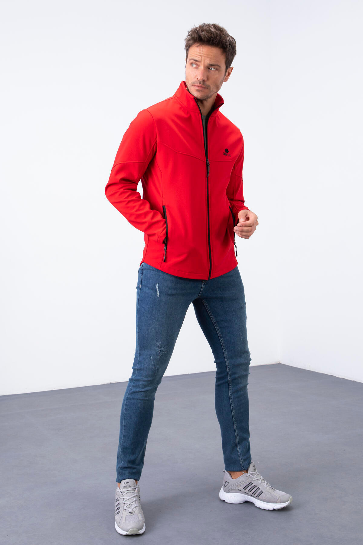 Red Zippered Upright Collar Water and Windproof Softshell Men's Coat - 88050