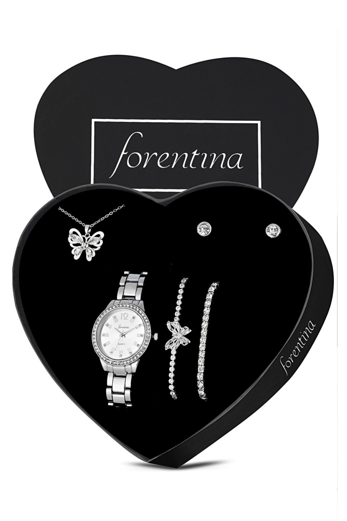 Forentina Gümüş Kaplama Kelebek Kolye Bileklik Küpe Saat Hediye Set PS3201