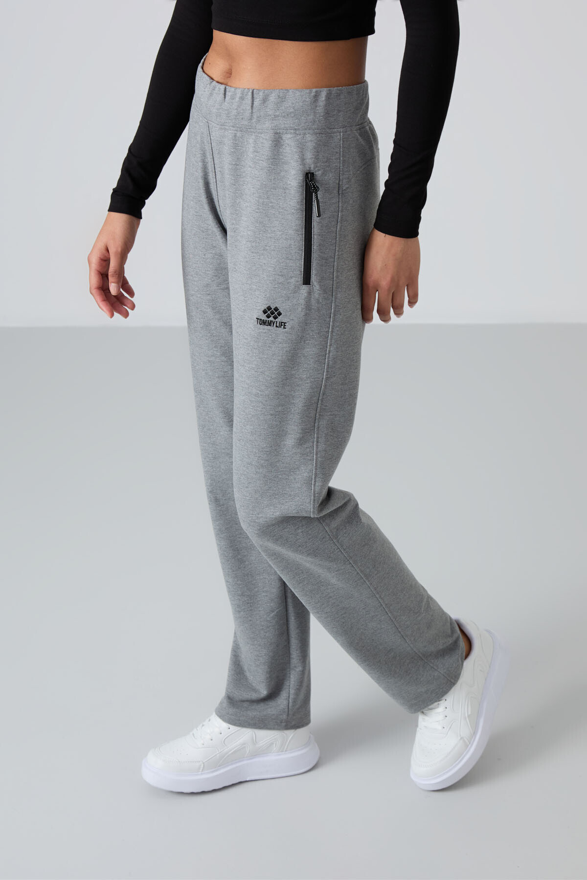 TOMMY LIFE  Gri Melanj Fermuar Cepli Rahat Form Klasik Paça Kadın Eşofman Alt - 94195 - Görsel 5