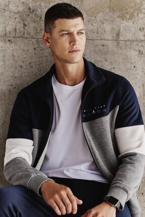 TOMMY LIFE Gri Melanj - Lacivert Dik Yaka Renk Geçişli İçi Polarlı Erkek Eşof...
