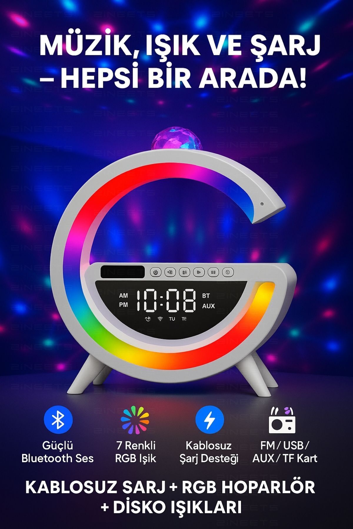 Zineets Lazer Disko Toplu Kablosuz Şarj Standlı Bluetooth Hoparlör Speaker Işıklı Saatli Usb/sd Radyolu