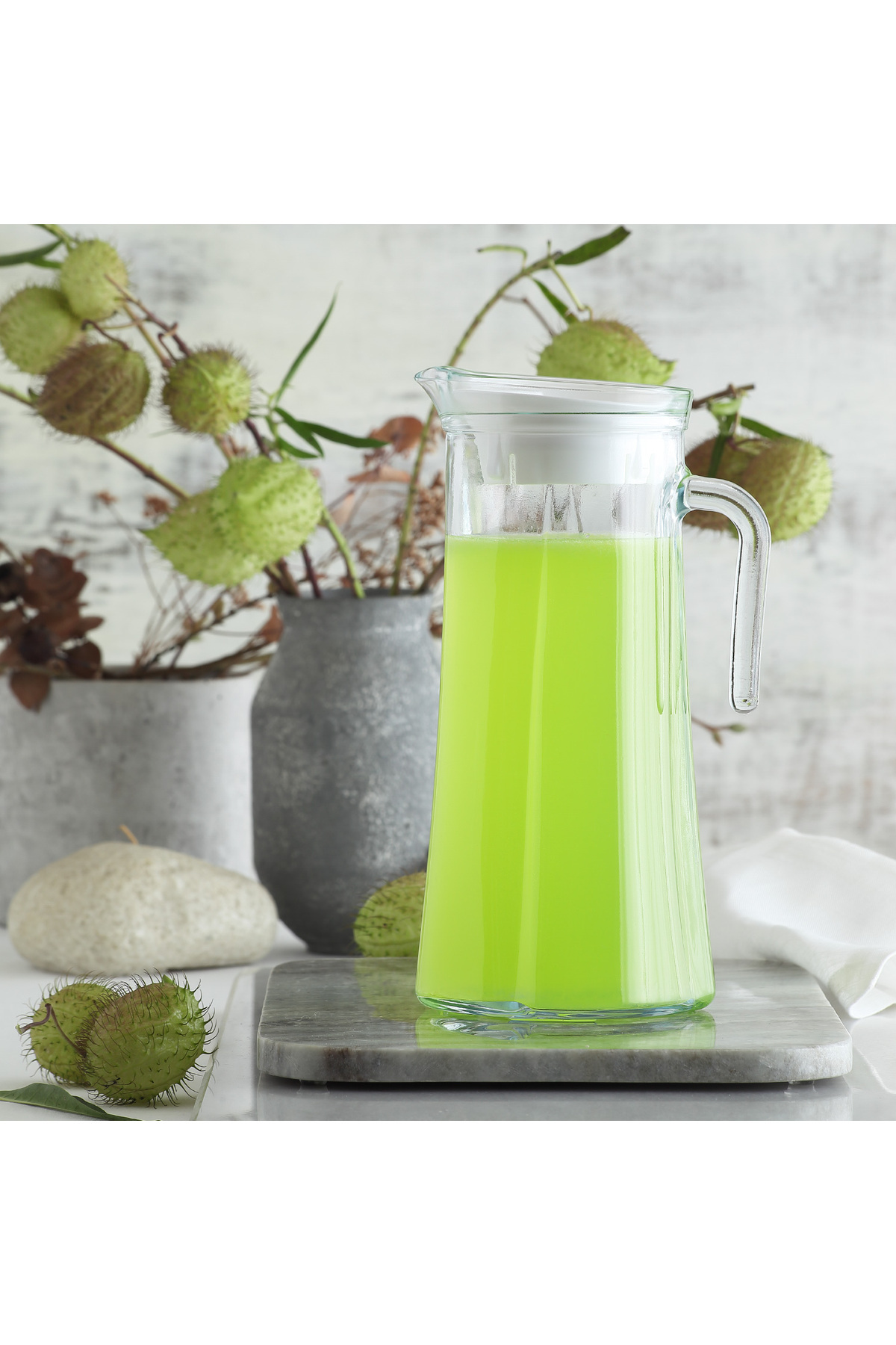 LAV Truva Cam Sürahi Tekli 1,4 L Kulplu Beyaz Plastik Kapaklı