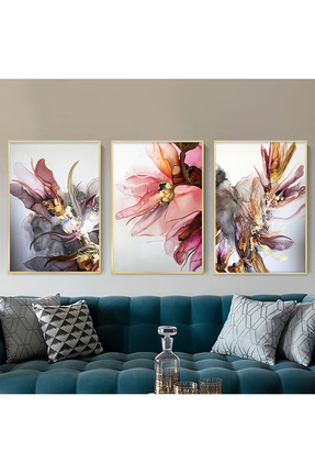 KOLAJTASARIM Botanik Rüya - Floral Senfoni Üçlü Metal Çerçeveli Tablo Takımı