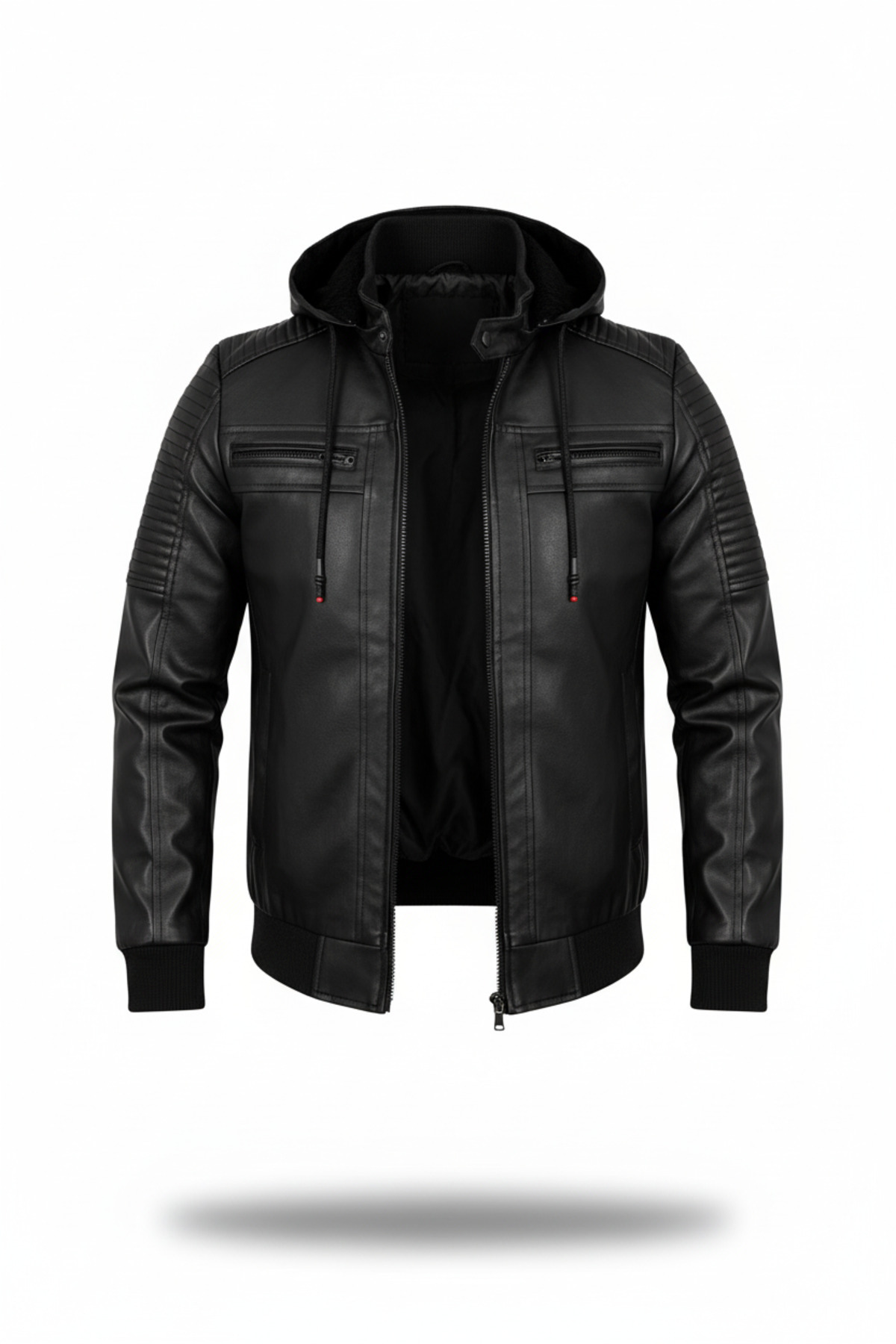 Mero Life Erkek Siyah Dar Kesim Kapüşonlu Bel Lastikli Ribanalı Deri Ceket & Mont