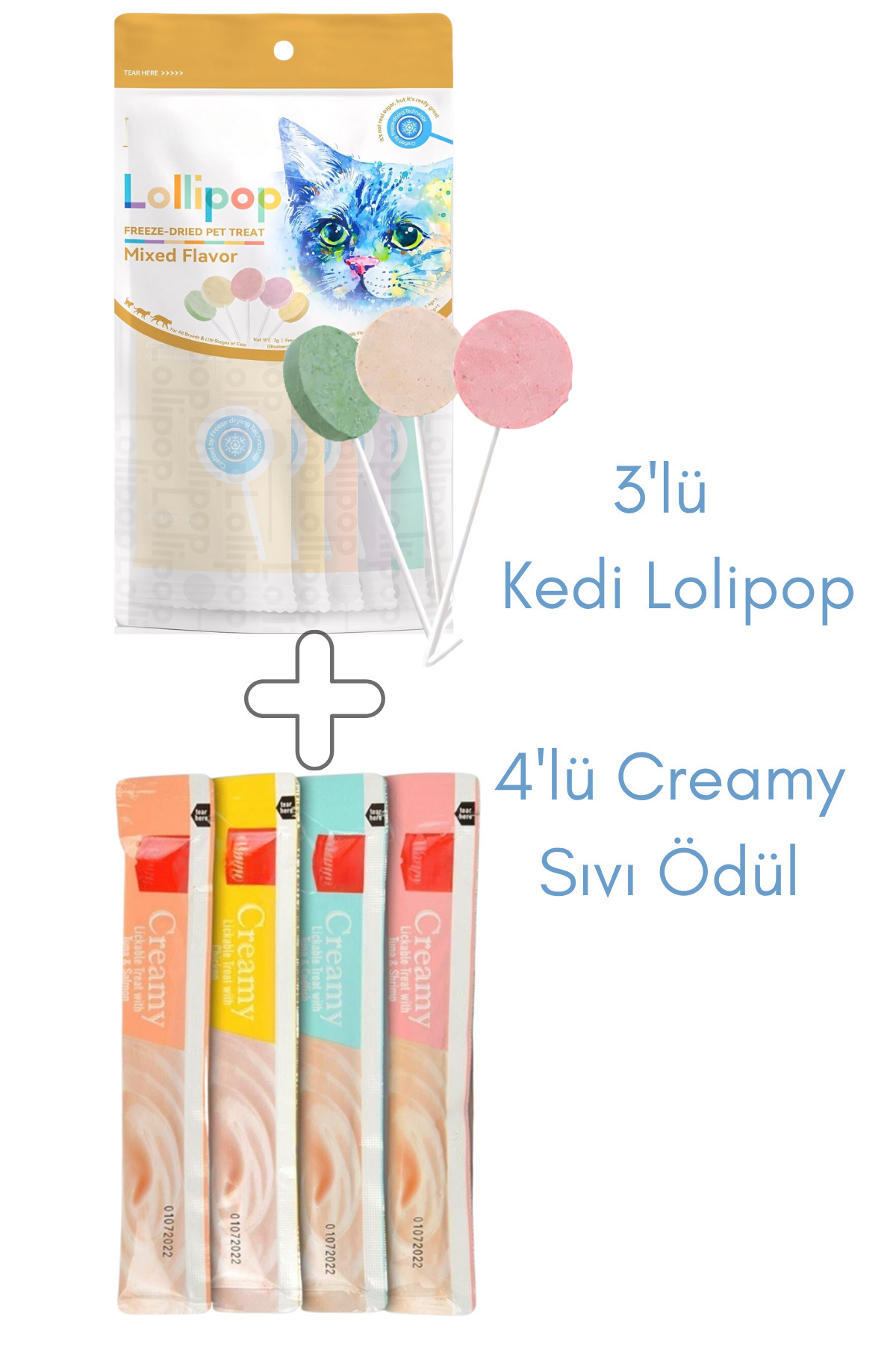PapyonPet Kedi Ödül Set 3 Adet Karışık Lezzetli Kedi Lolipop 4 Krema Sıvı Ödül Maması