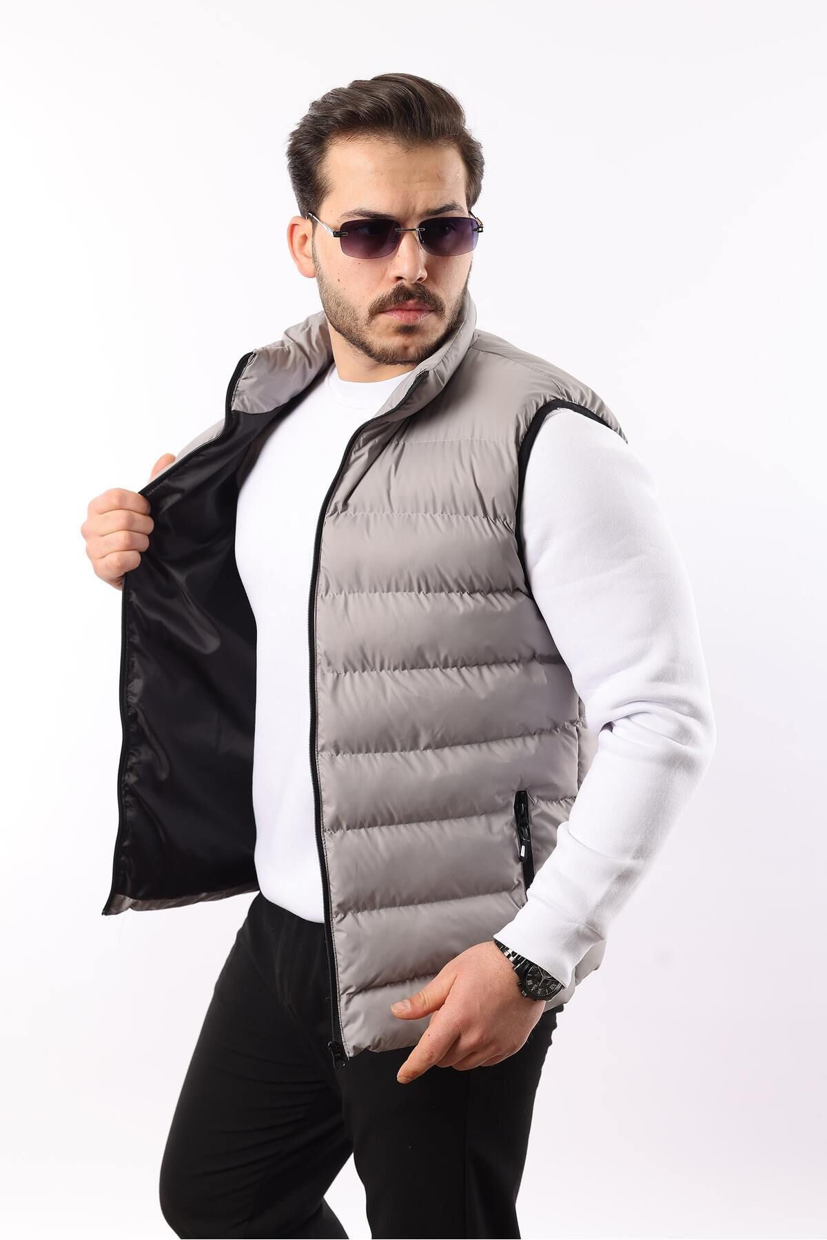 TREND YAŞAR Erkek Kolsuz Fermuarlı Cepli Basic Füme Şişme Yelek görsel 2