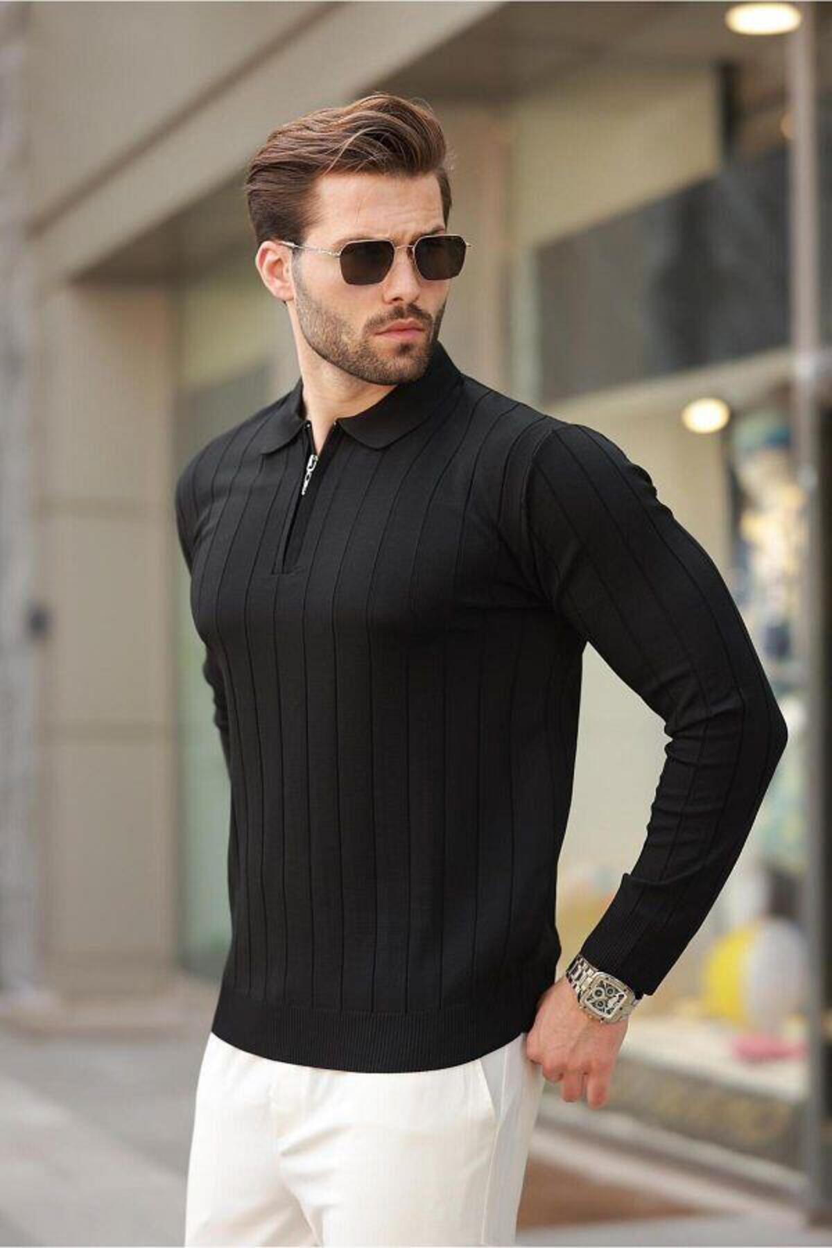 ribana Erkek Slim Fit Polo Yaka Fermuarlı Fitilli Triko Kazak - 4001 görsel 2