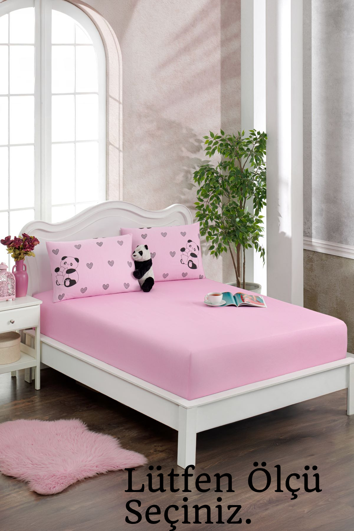 Valezium Pembe Panda Baskılı Kumaş Lastikli Fıtted Yastıklı Çarşaf Seti