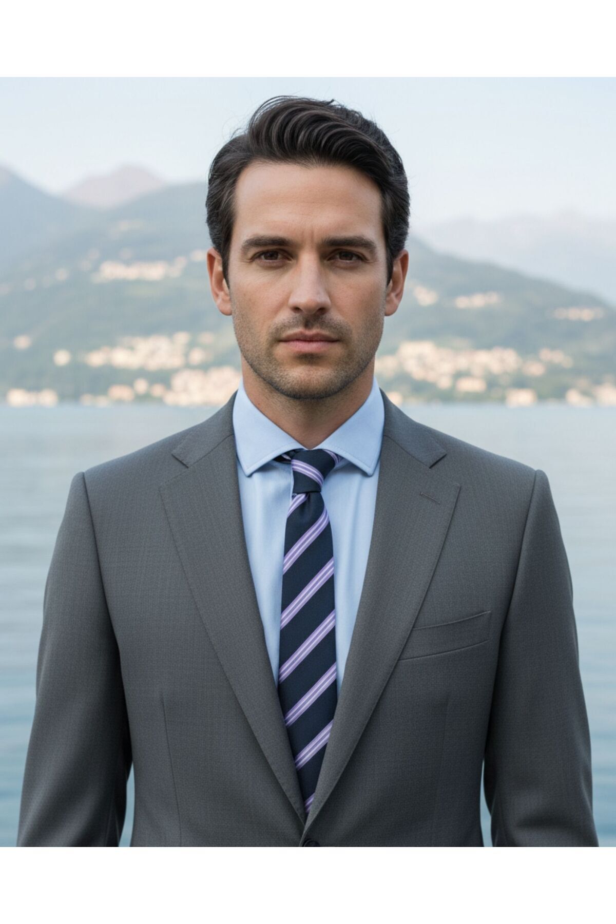  کراوات ابریشمی سرمه‌ای ۷.۵ سانتی‌متری با راه‌راه‌های یاسی و سفید