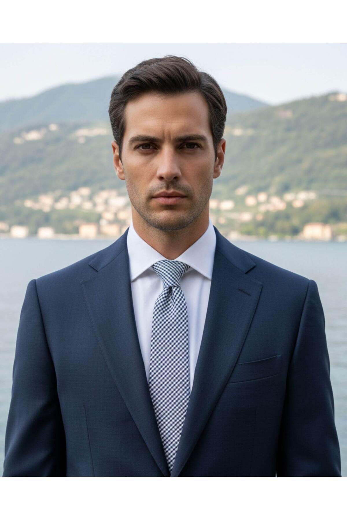  کراوات ابریشمی طرح‌دار سرمه‌ای و سفید، عرض ۷.۵ سانتی‌متر