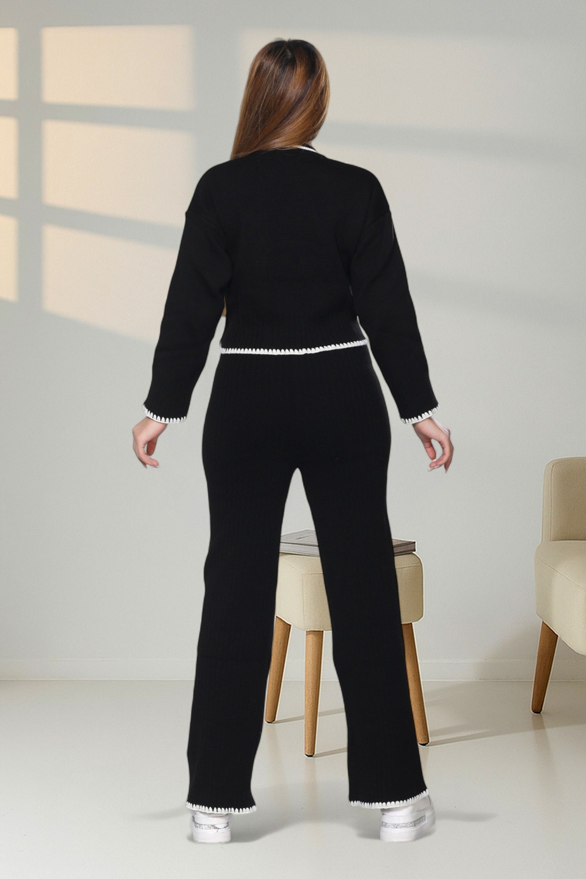 Ensemble en tricot noir pour femme : combinaison quotidienne chic et confortable - Görsel 7