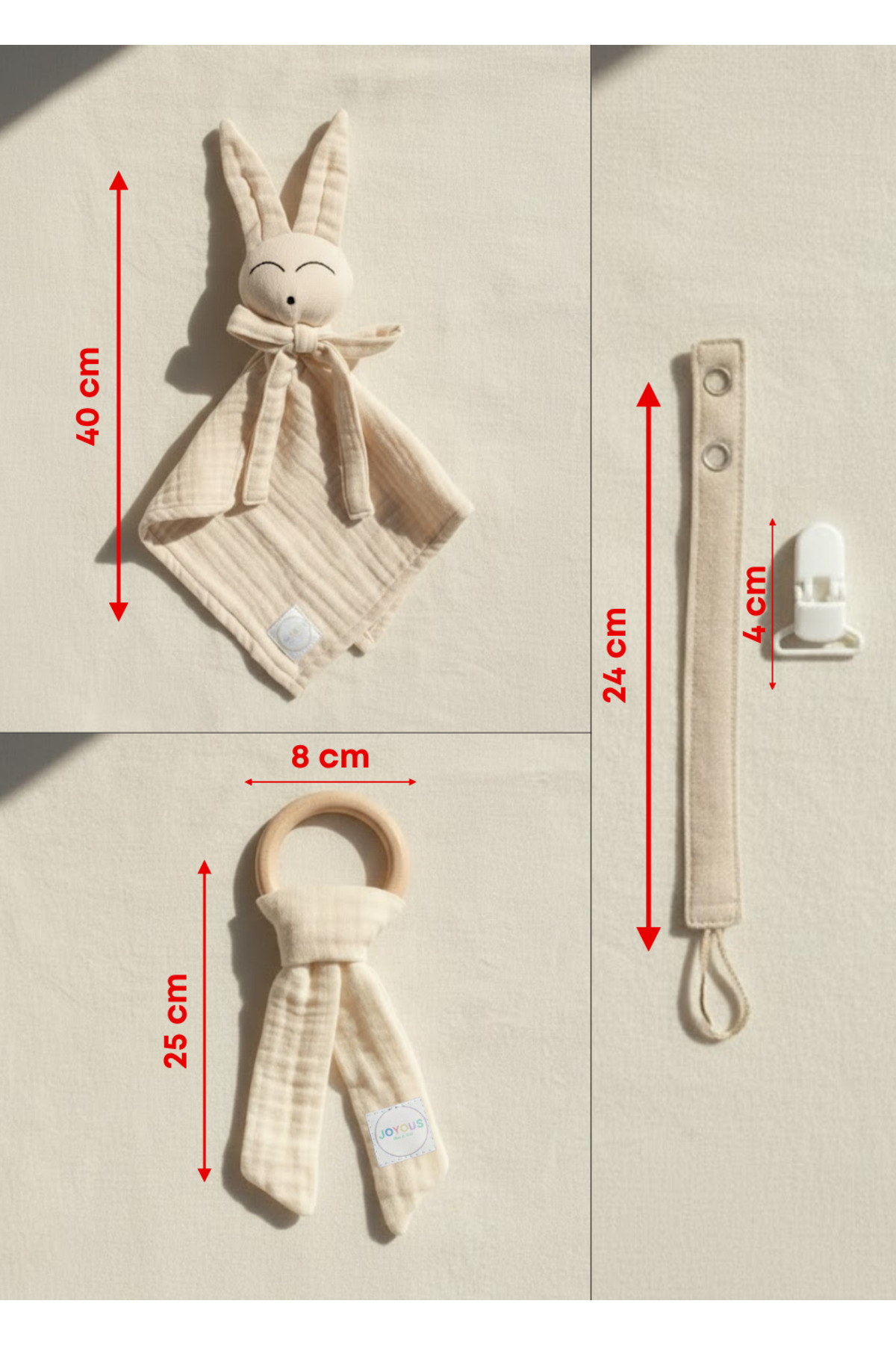 Joyous Mom Kids Hoş Geldin Bebek Seti 3'lü %100 Pamuk Müslin Set Diş Kaşıyıcı Emzik Askısı Uyku Arkadaşı Yenidoğan fotoğrafı 5 (önizleme)