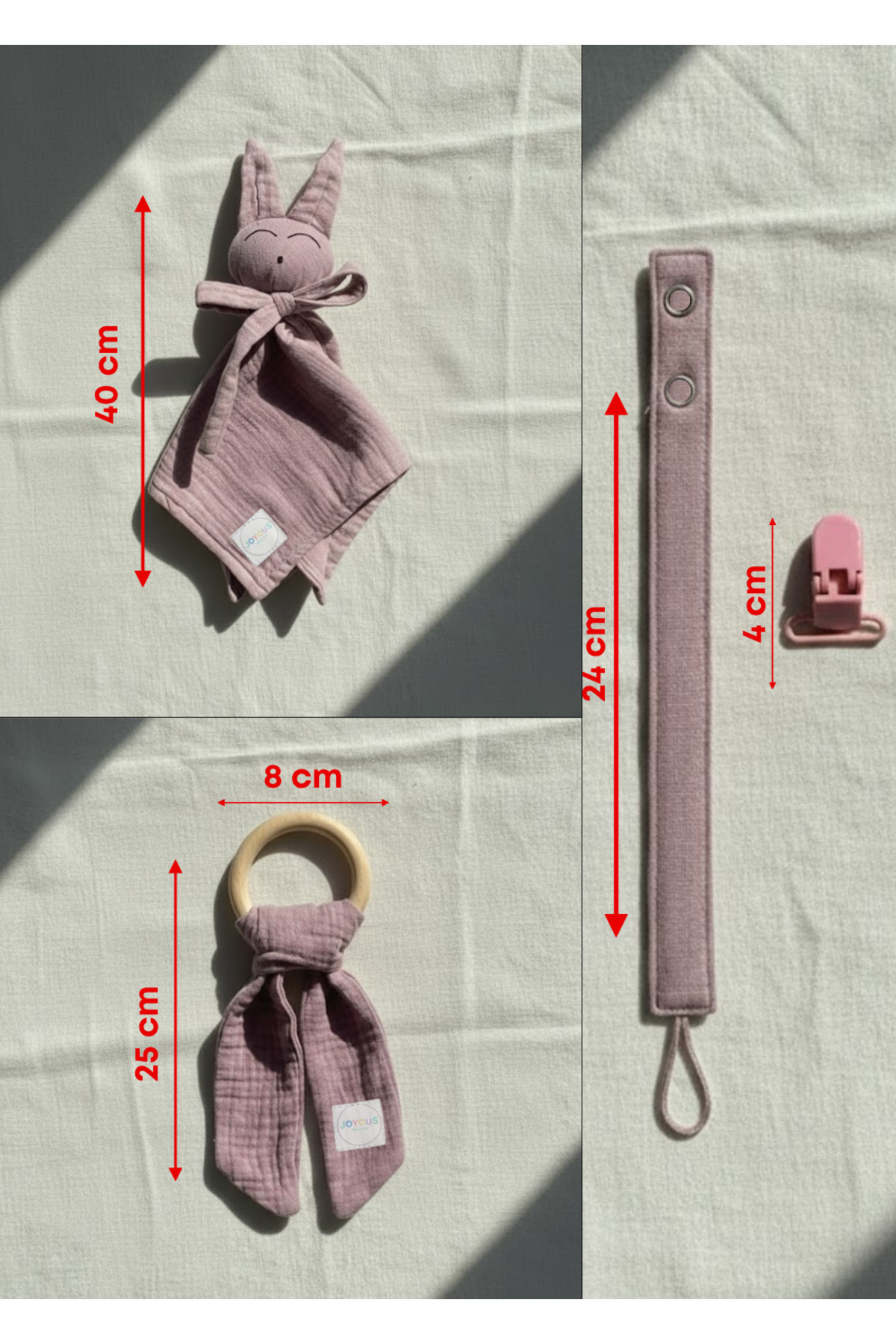 Joyous Mom Kids Hoş Geldin Bebek Seti 3'lü %100 Pamuk Müslin Set Diş Kaşıyıcı Emzik Askısı Uyku Arkadaşı Yenidoğan fotoğrafı 5 (önizleme)