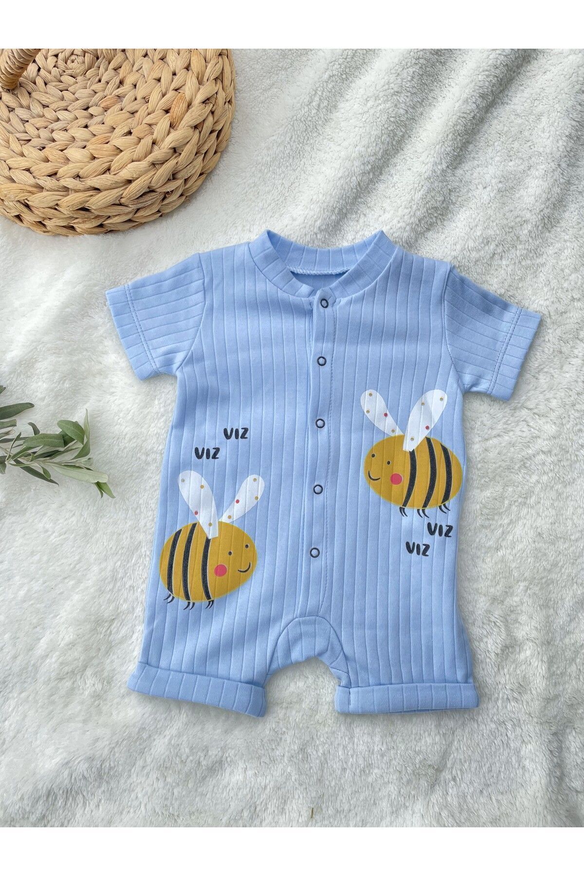 Gleamy FINDIK BEBE KIDS ARI DESEN ÇITÇITLI KISA KOLLU ŞORT TULUM(ZIBIN)%100 PAMUK fotoğrafı 3 (önizleme)