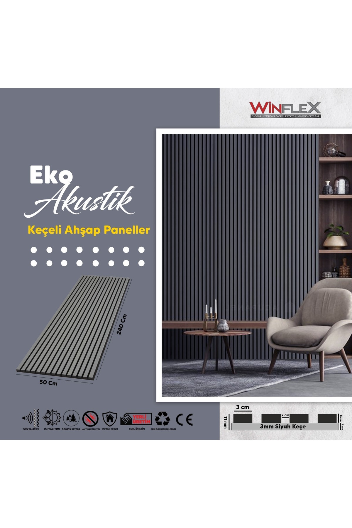 WİNFLEX EKO KEÇELİ AKUSTİK AHŞAP PANEL -(50X240CM) - Fiyatı, Yorumları
