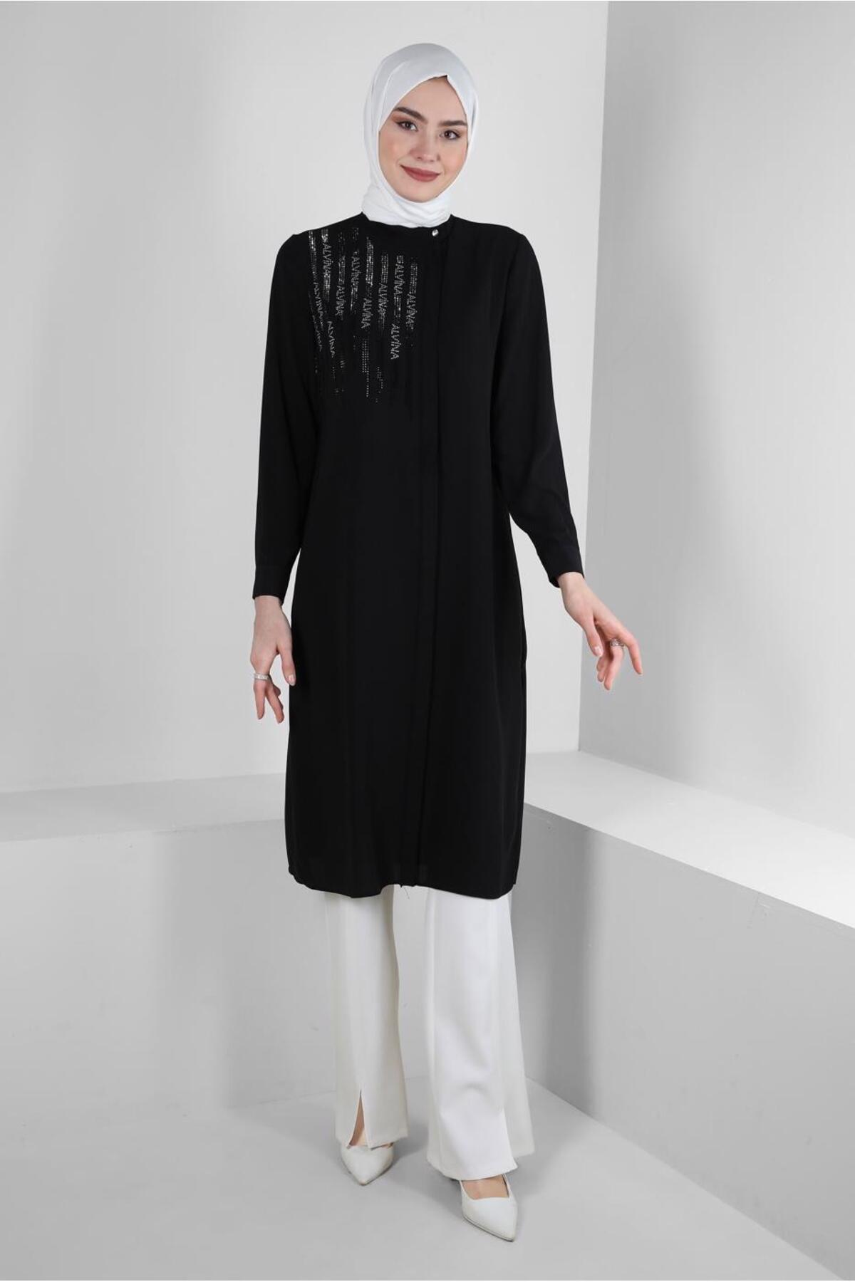 STONE EMBROIDERED SIDE SLIT LONG TUNIC 43521