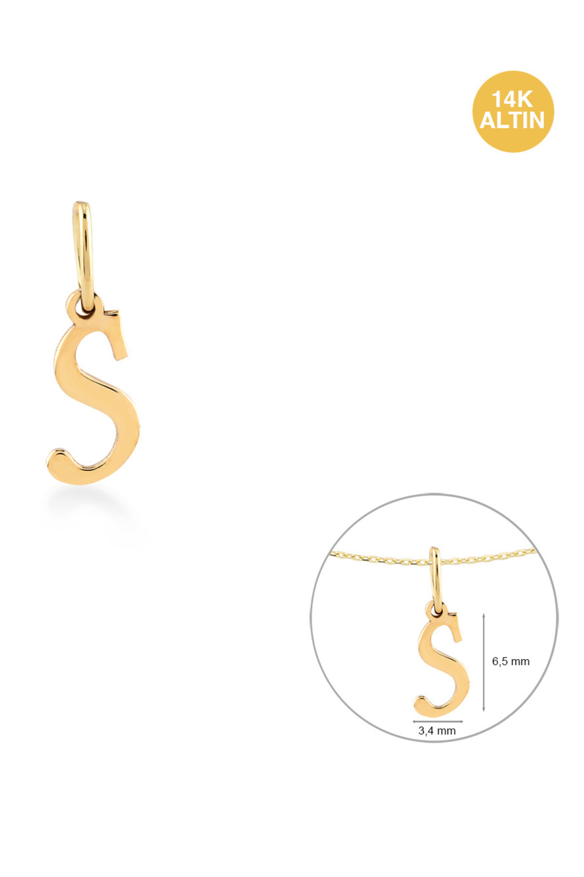 KURSHUNI Taşsız S Harfi, 14 Ayar Altın Kolye Ucu
