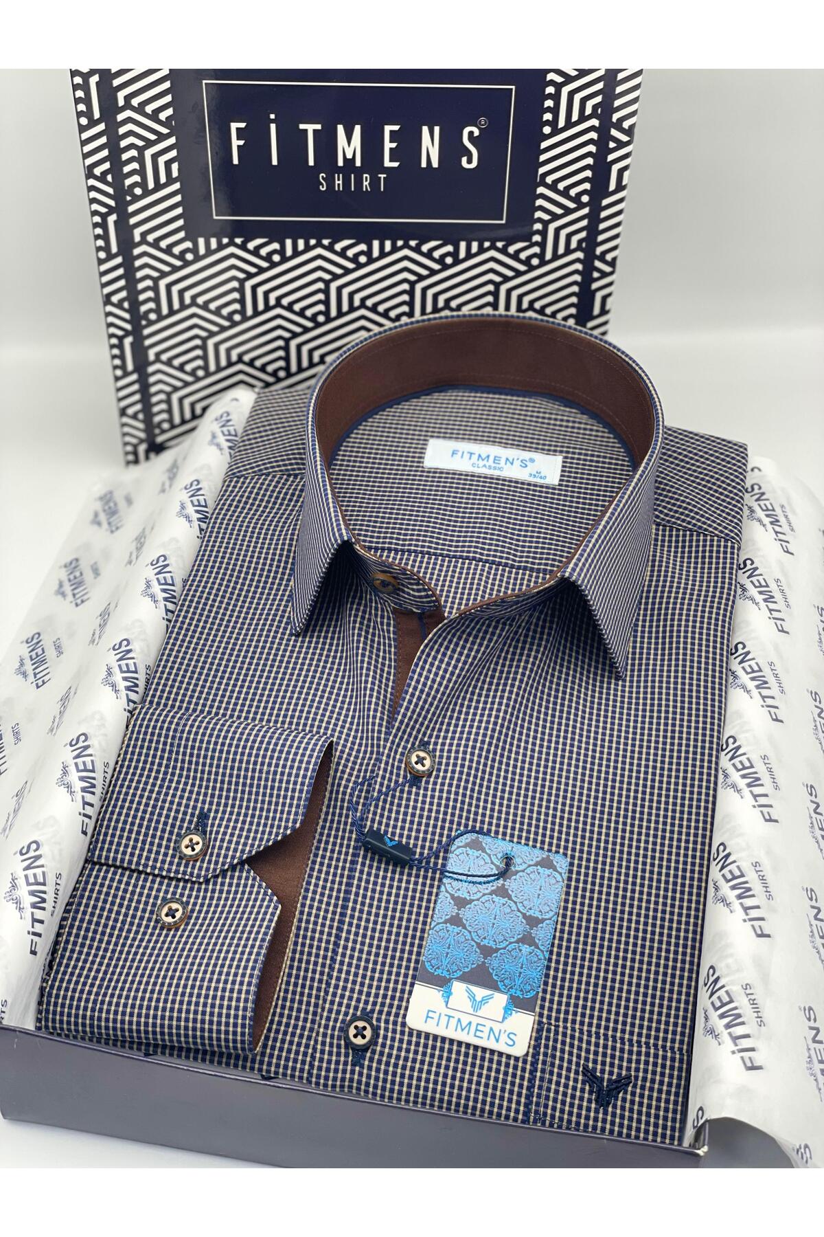 Classic Long Sleeve Checkered Gift Boxed Men's Shirt FS-003105-Navy Blue