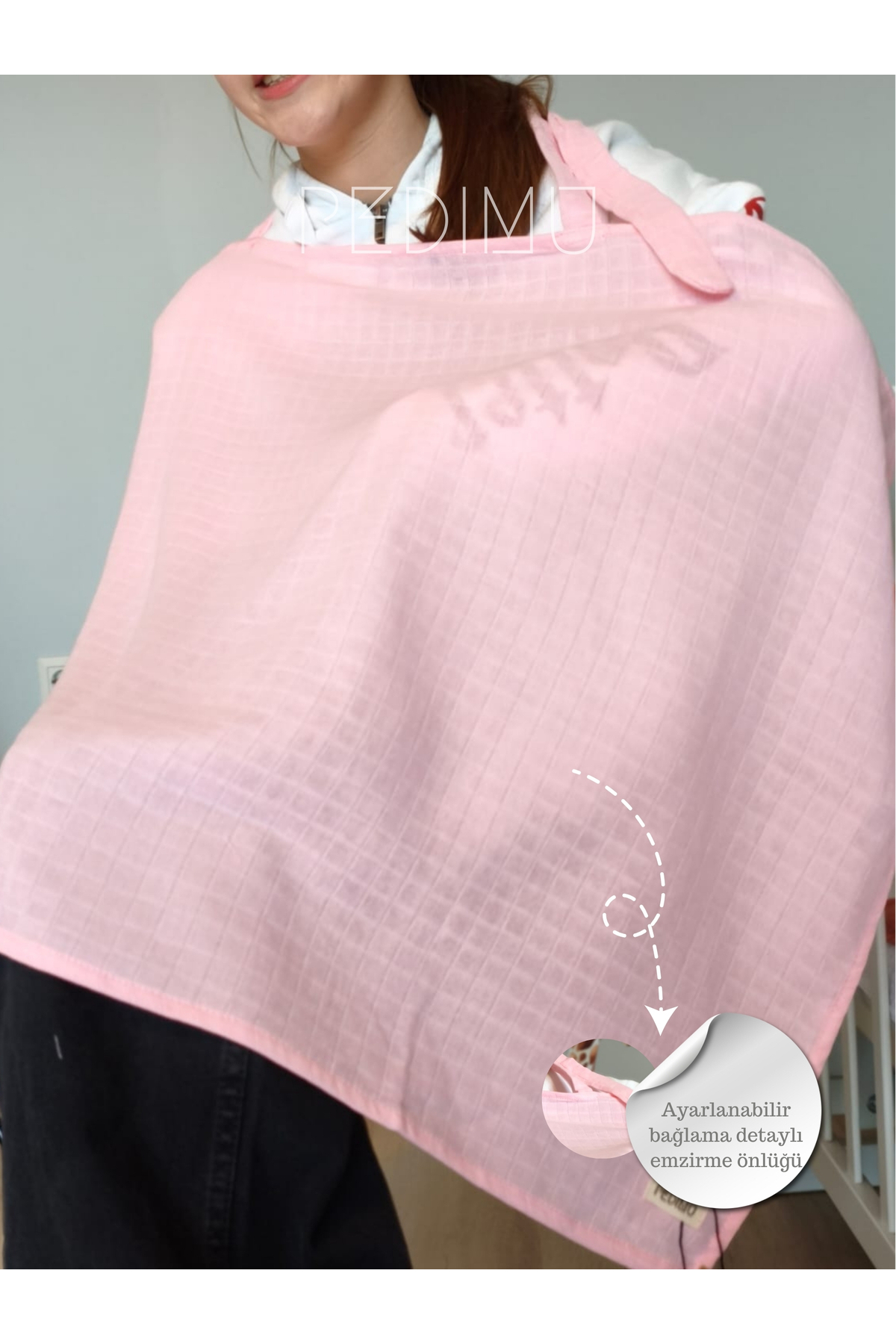 Pedimu Müslin Emzirme Önlüğü 60x100 cm – %100 Pamuk, Nefes Alabilen, Ayarlanabilir, - Pembe Renk fotoğrafı 3 (önizleme)