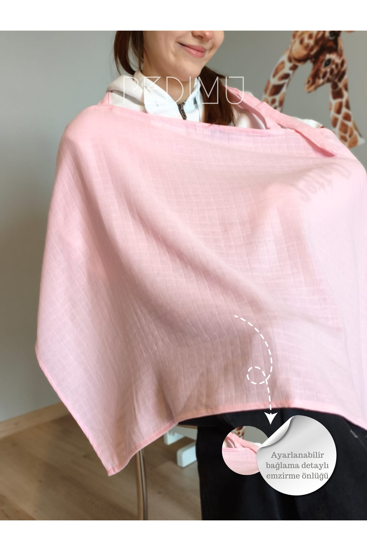 Pedimu Müslin Emzirme Önlüğü 60x100 cm – %100 Pamuk, Nefes Alabilen, Ayarlanabilir, - Pembe Renk fotoğrafı 2 (önizleme)