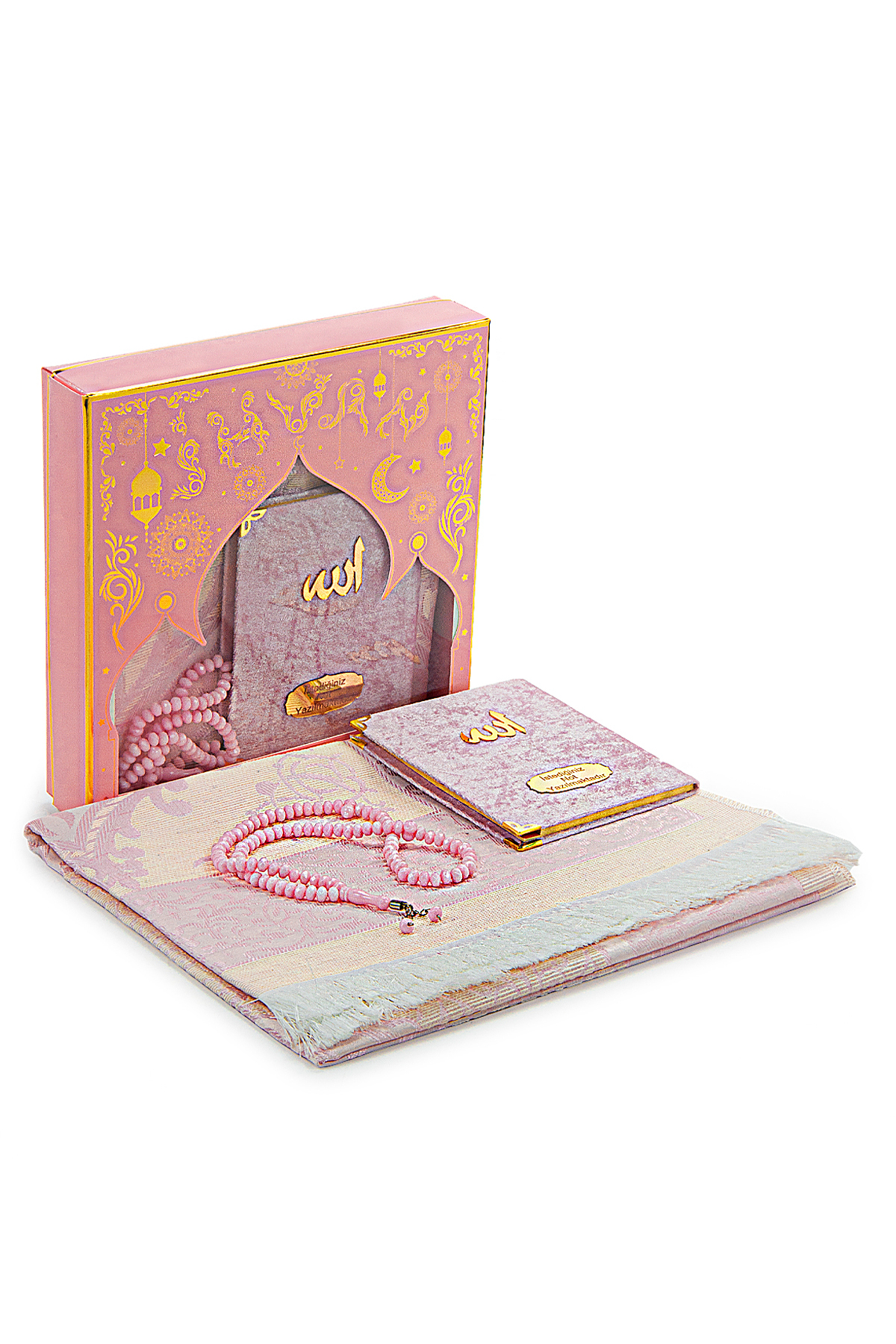 Pink Mevlüt Gift Velvet Covered Yasin Book Rosary Dowry Prayer Sheet Set