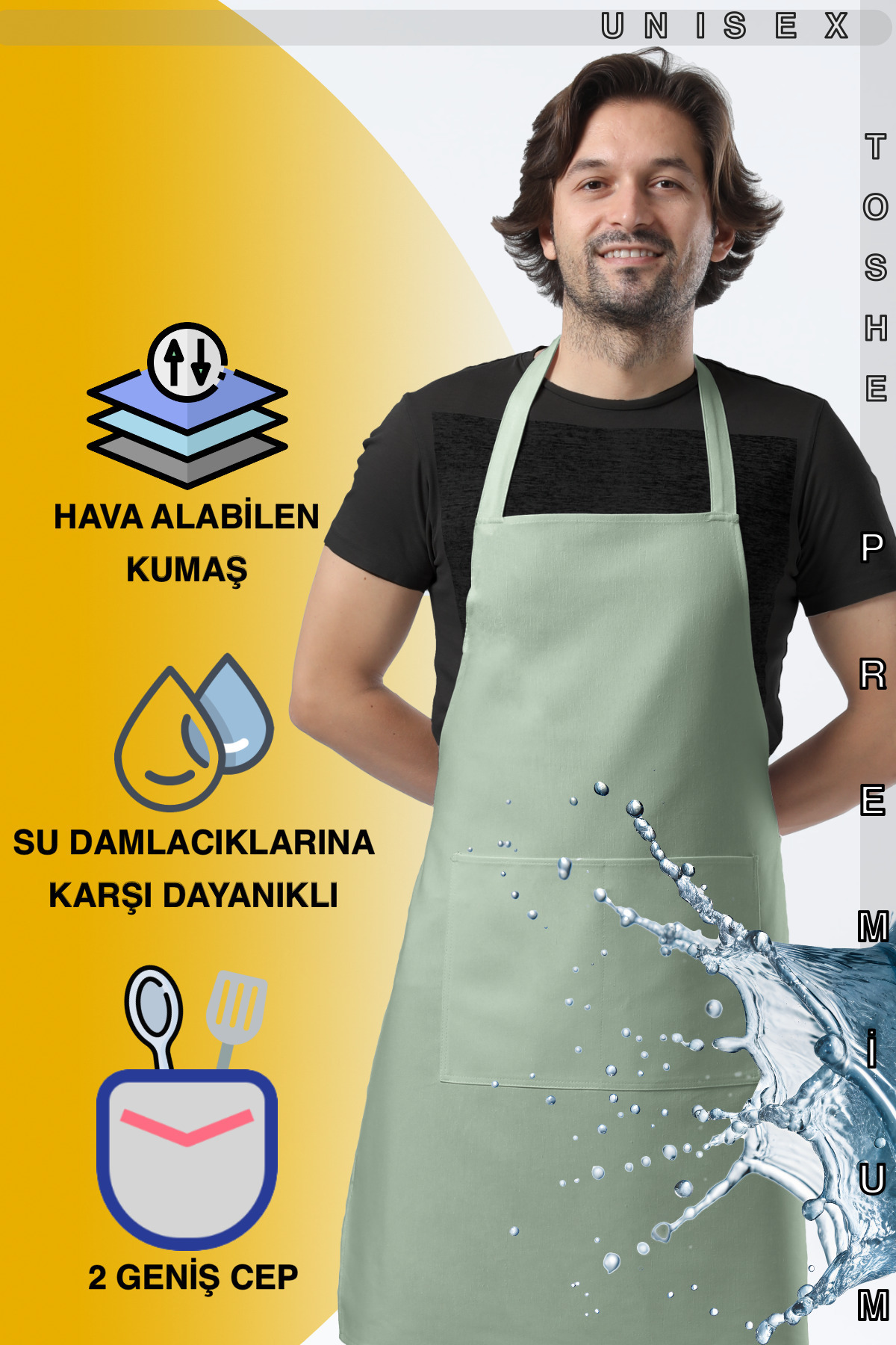 TOSHE Mutfak Önlüğü Suya Dayanıklı Mutfak Önlük Şef Önlüğü 2 Geniş Cepli Barista Önlüğü Önlük Yeşil