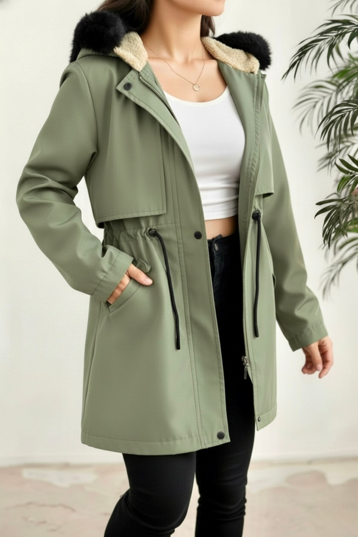 hiramir  Yeni Sezon Kapüşon Önü Uzun Tüylü İçi Kürk Astarlı Kadın Mont KS2533 - Görsel 5