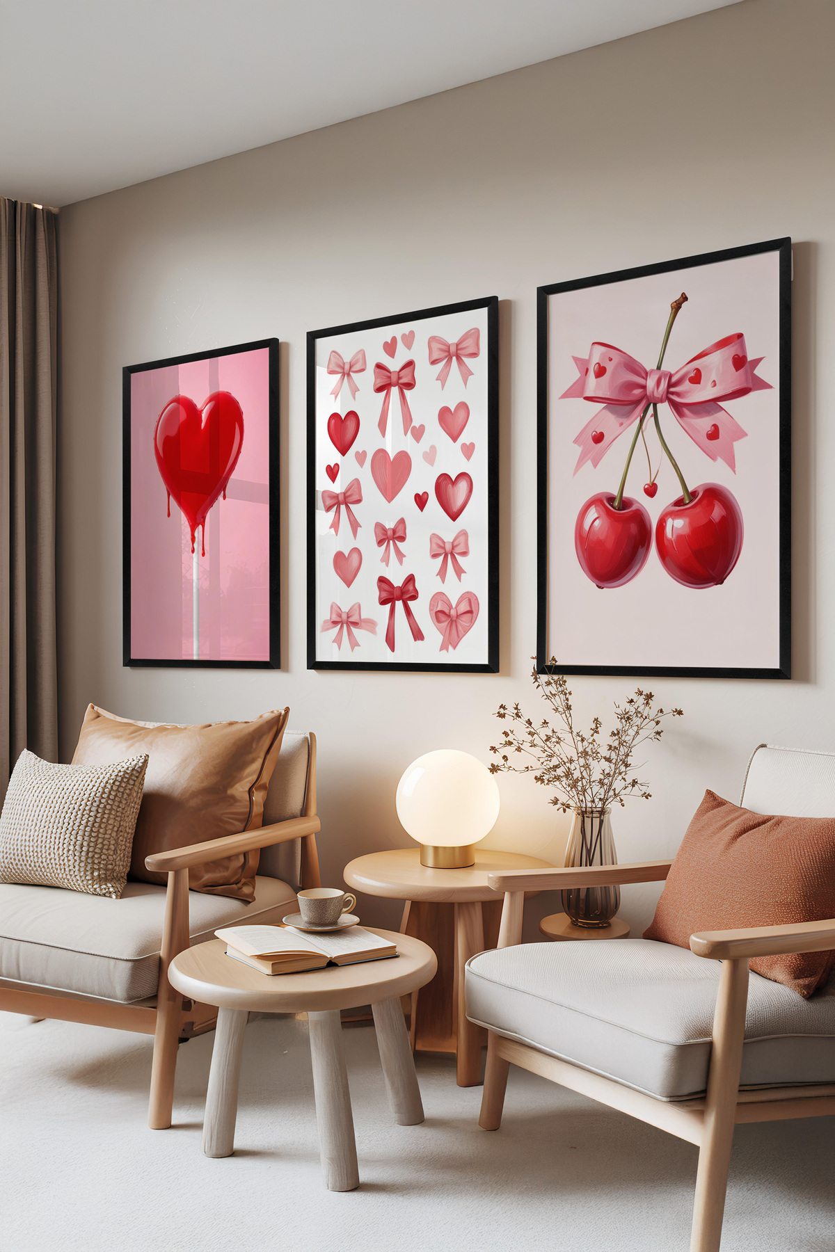 3-Piece Painting Set with Black Frame, Sweet Love – Hearts & Cherries, Young Room Set No: 30102