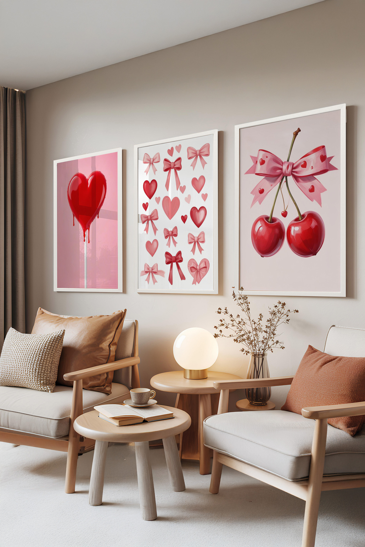 3-Piece Painting Set with White Frame, Sweet Love – Hearts & Cherries, Young Room Set No: 30102