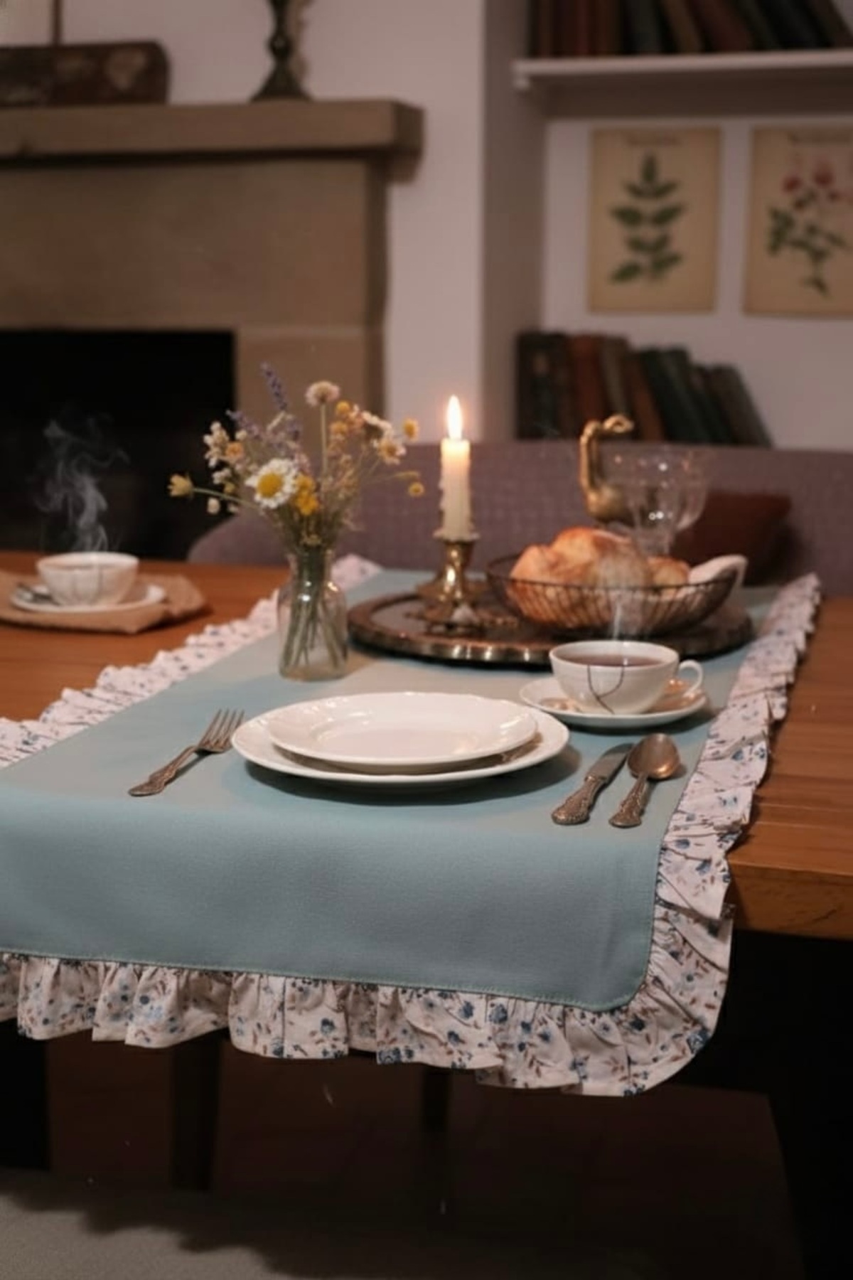 Runner Floral Ruffled Vintage Duck Linen 40x125cm