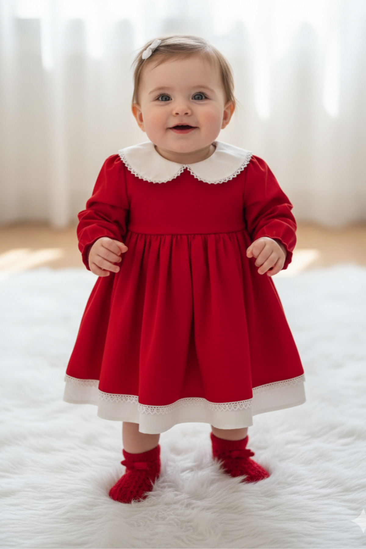 Bertuğ Bebek Dantel Detaylı Bebe Yaka Kız Çocuk Bebek Pamuklu Kırmızı Beyaz Elbise fotoğrafı 2 (önizleme)