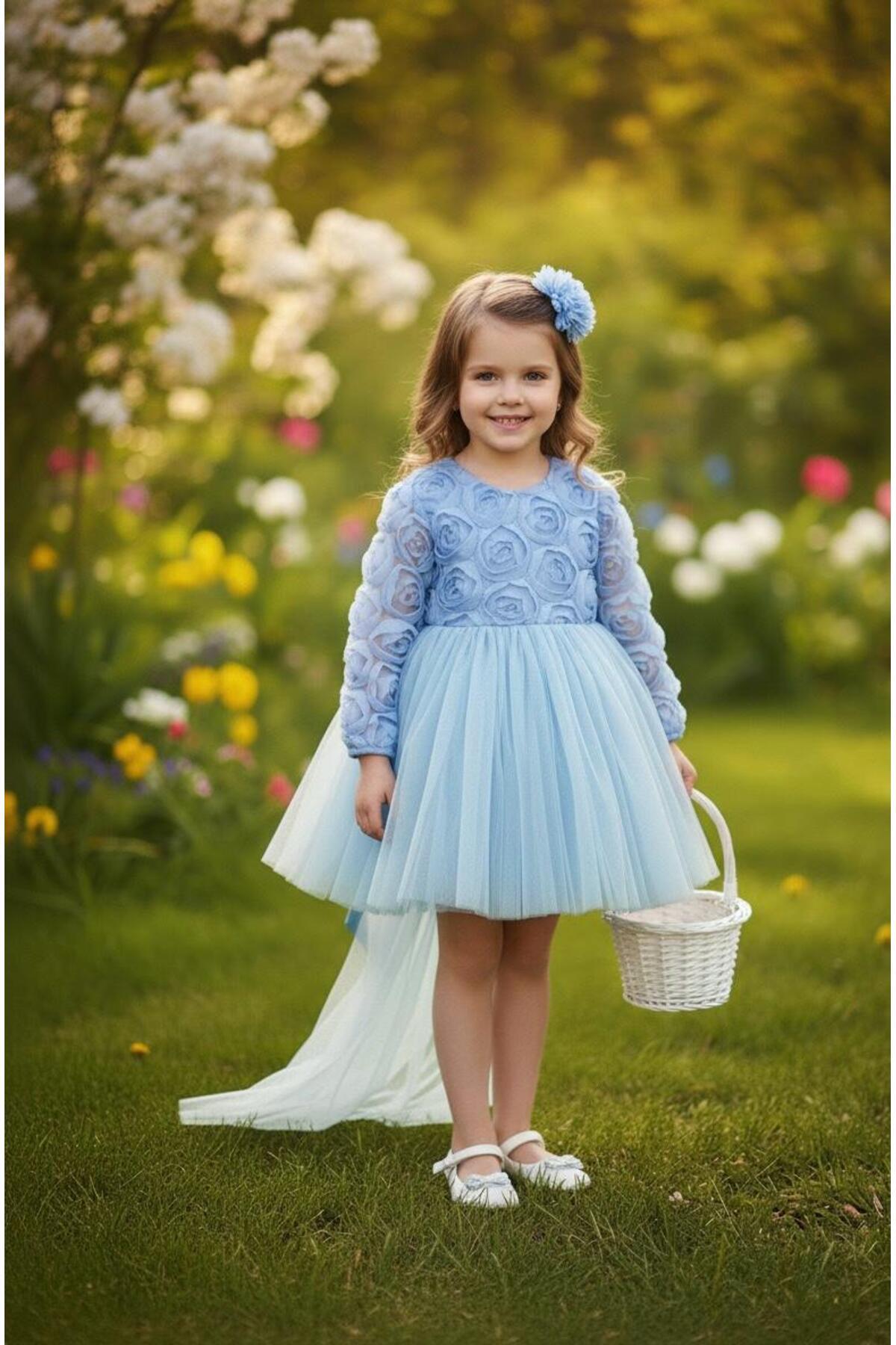 Baby Girl Rose Patterned Bow Lu Stylish Special Day Evening Dress 0-5 Years